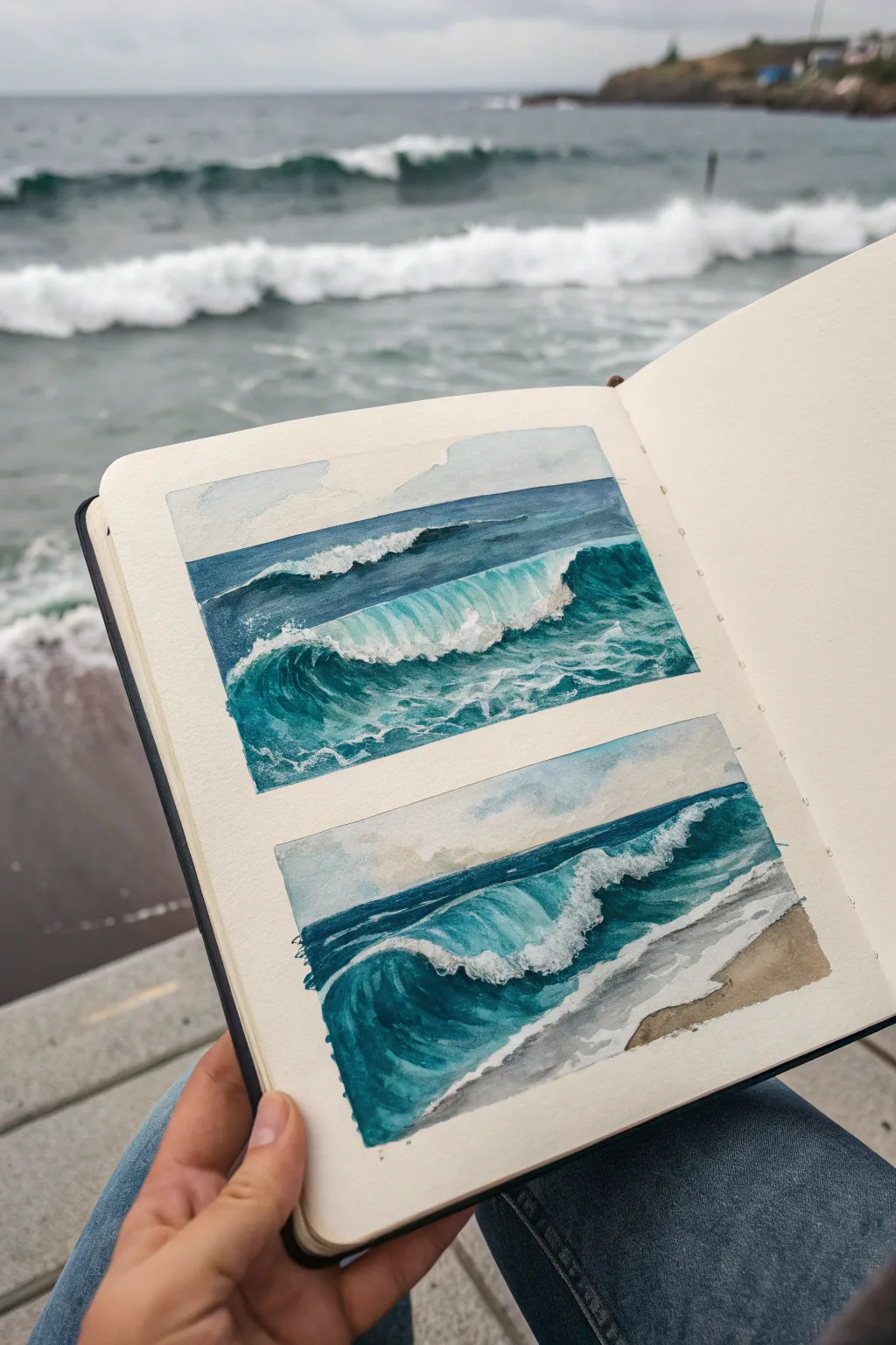 Practice summer waves in three calm-to-choppy strips, minimalist watercolor study.