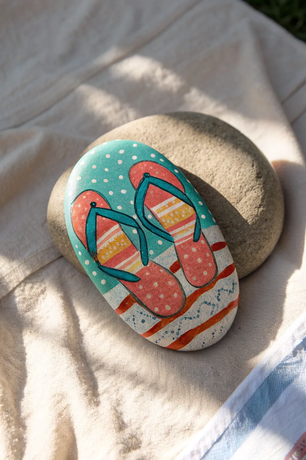 Bright flip-flop rock painting with simple straps, playful patterns, and sunlit beachy vibes.