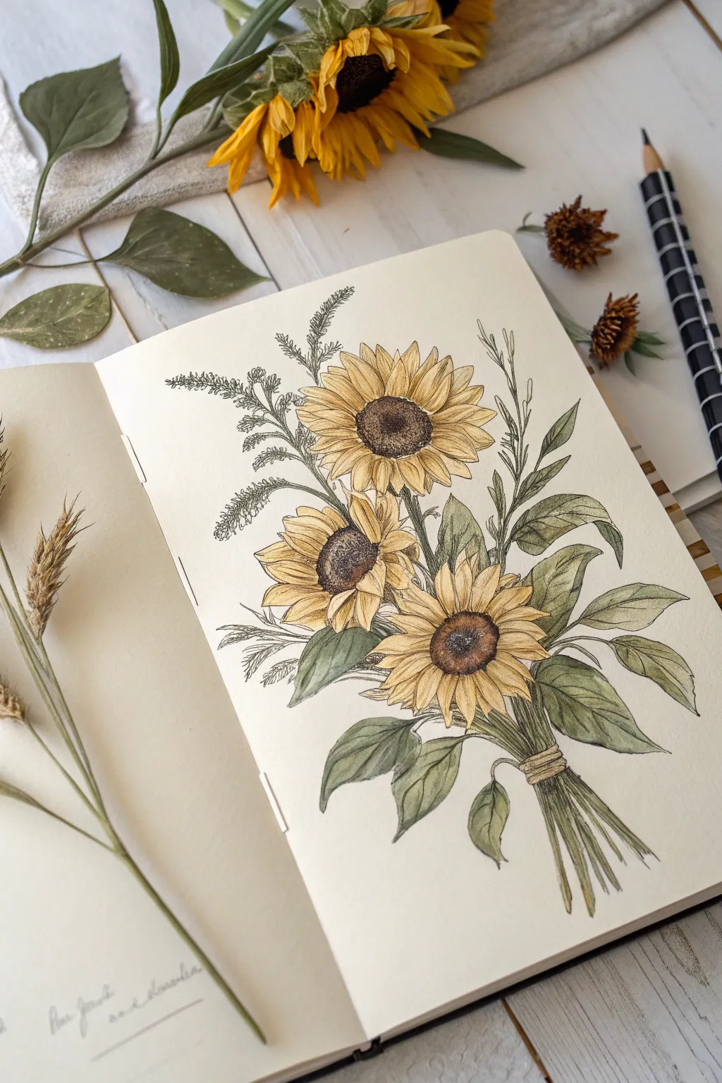 Sunflower bouquet cluster: overlapping blooms and soft leaves in a clean minimalist sketch style.