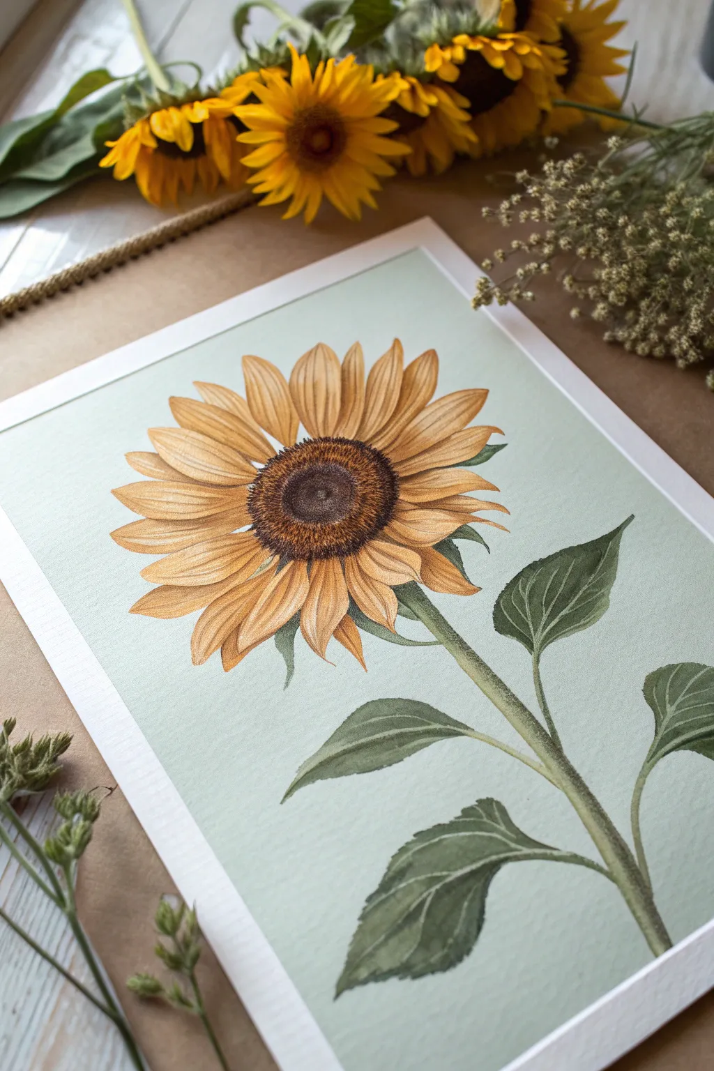 Gouache sunflower with velvety matte color blocks on a calm mid-tone background, crisp and bright