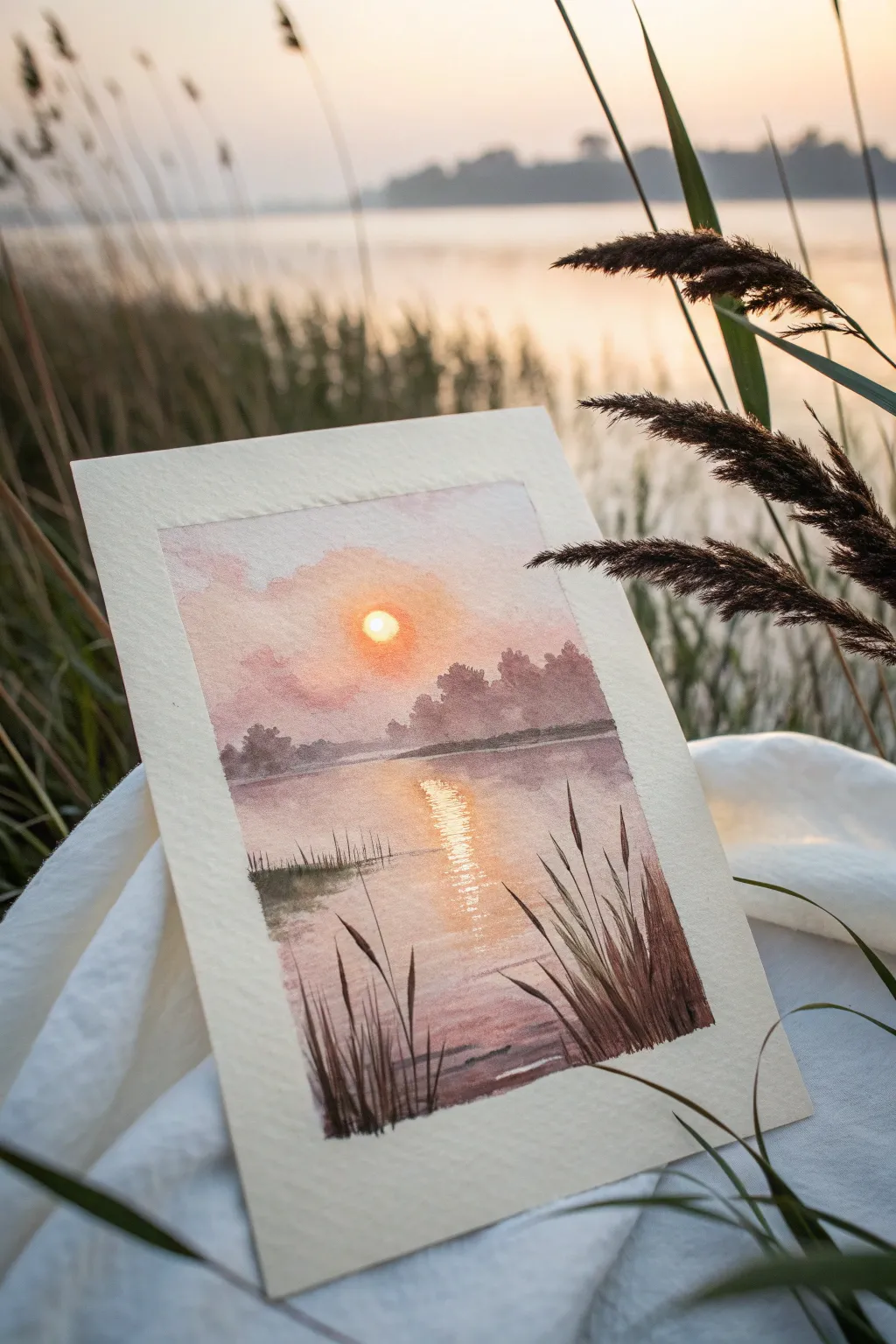 High-contrast sunrise over a marsh, framed by crisp reeds and cattails in silhouette.