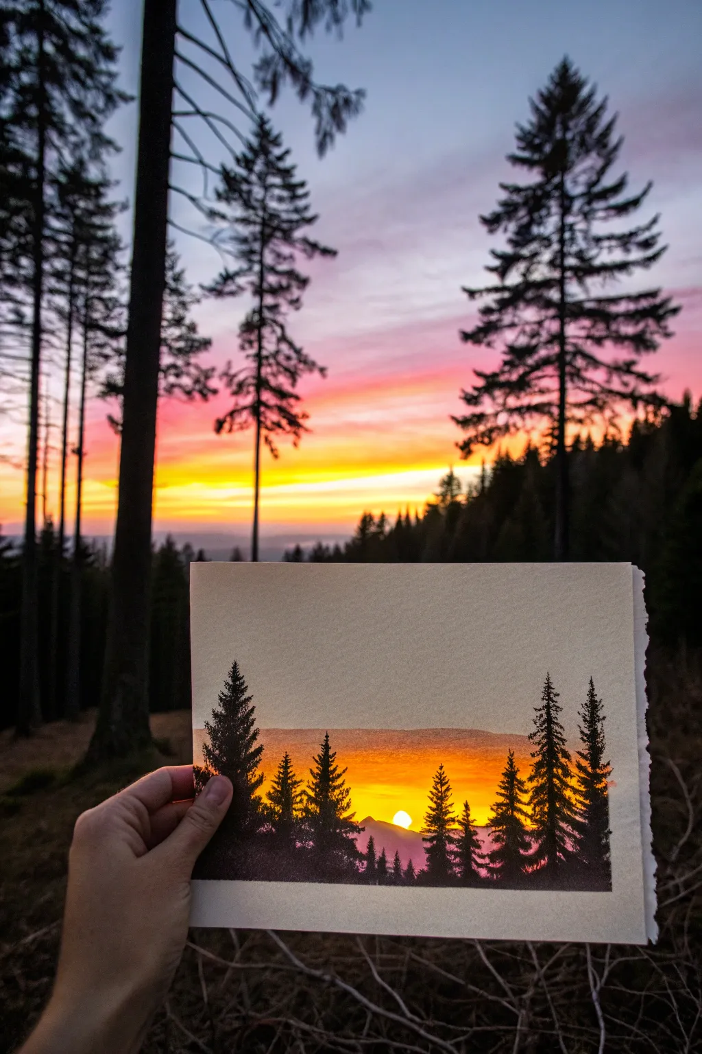 Minimalist forest line sunset with bold pine silhouettes and a glowing warm horizon gradient.