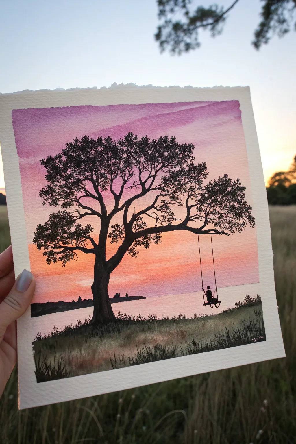 Paint a lone tree and swing in bold black against a peach-to-purple sunset wash.