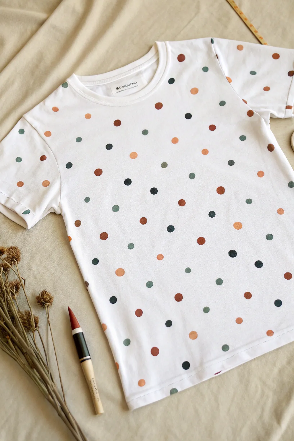 Playful polka dot all-over t-shirt painting in calm Scandinavian neutrals with a DIY touch