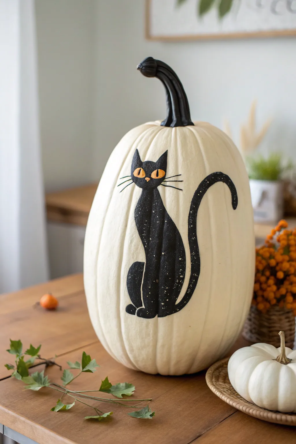 Tall pumpkin with sleek black cat wraparound, minimal Nordic-boho vibe and bold contrast.