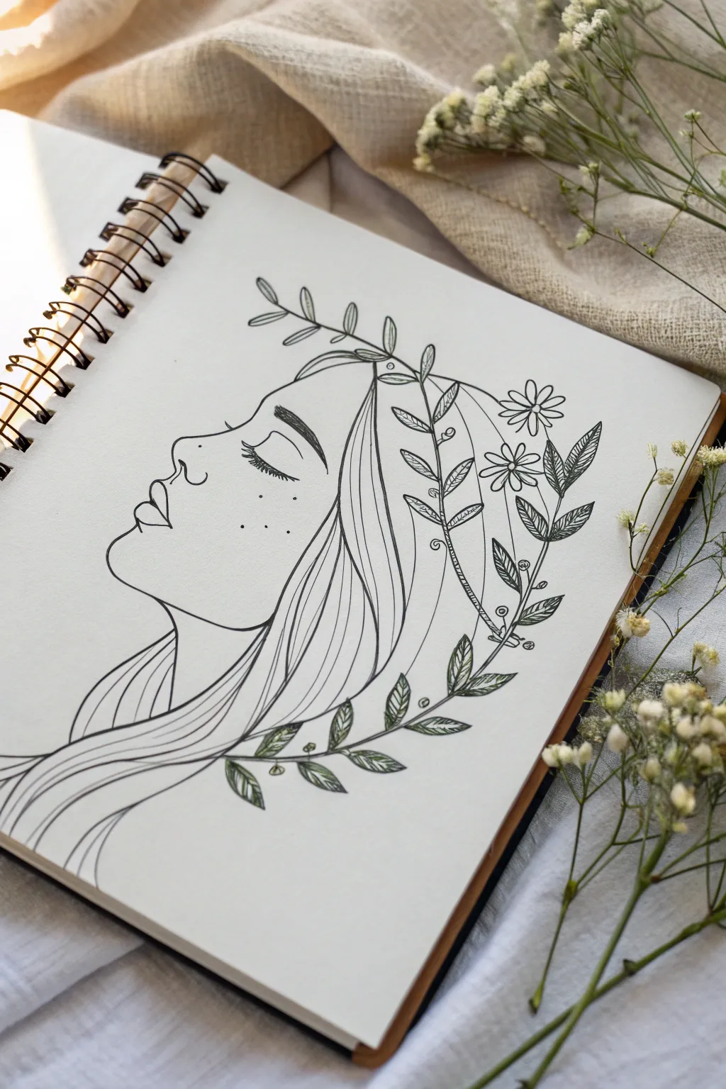 Fine-line feminine profile with blooming hair, a clean minimalist tattoo-ready sketch