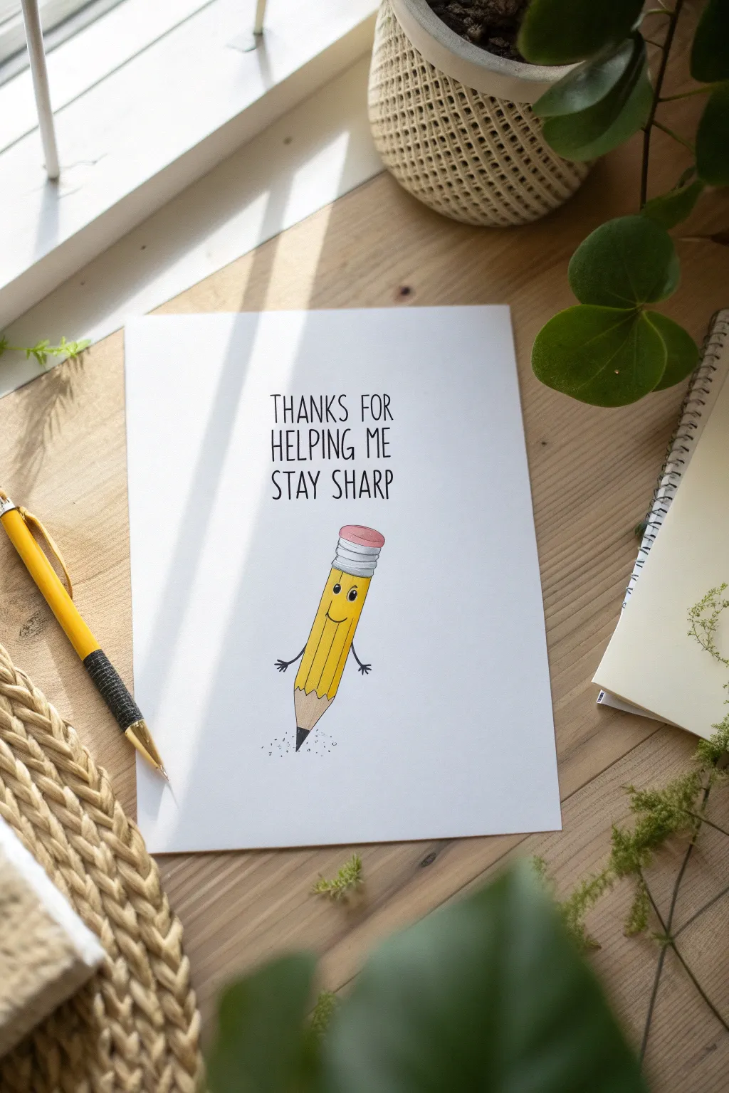 Cute teacher thank-you drawing idea: a sharp pencil character with a tiny pun sign and sparkles