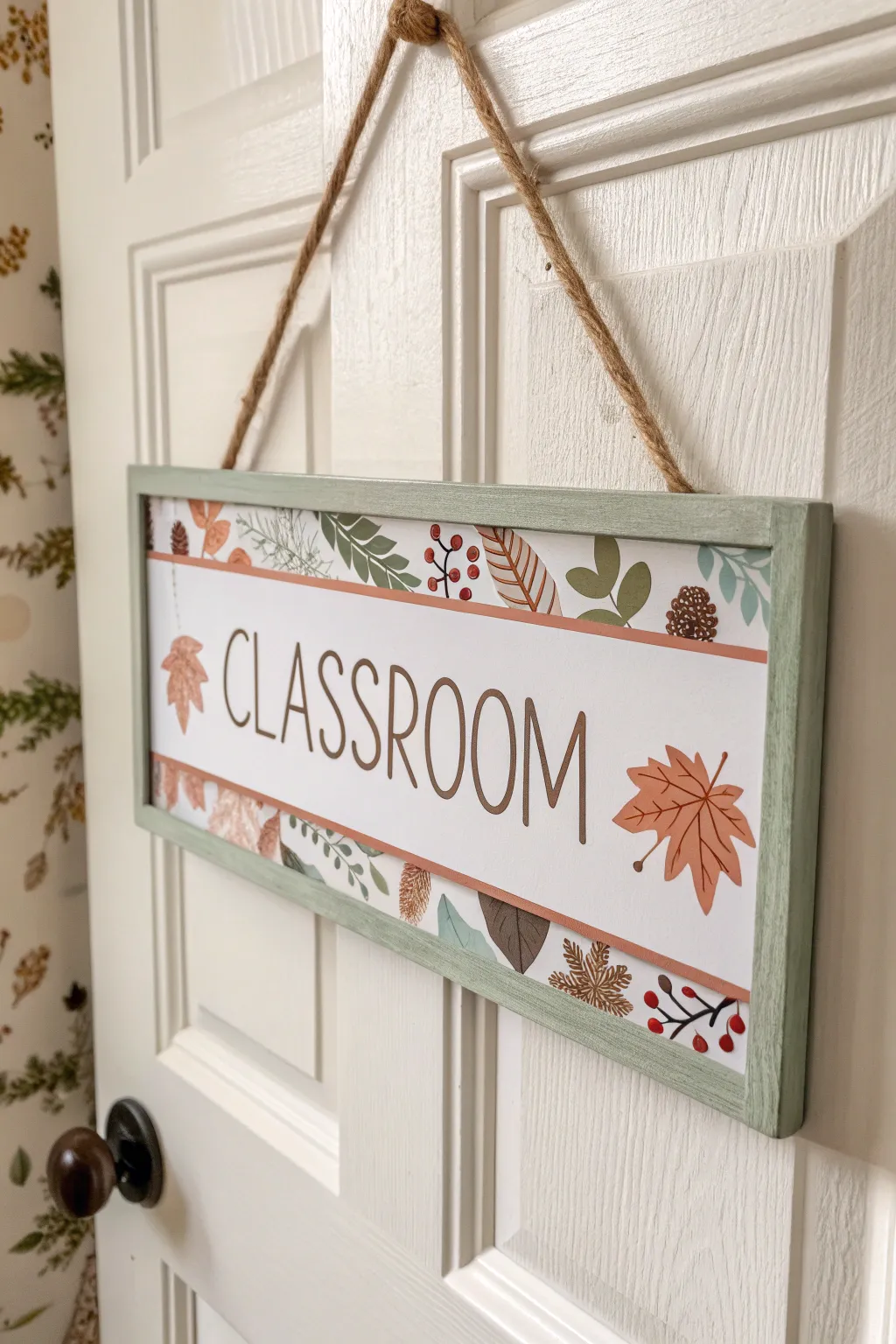 Minimal painted door sign with swap-in seasonal icons, perfect for classroom décor inspiration