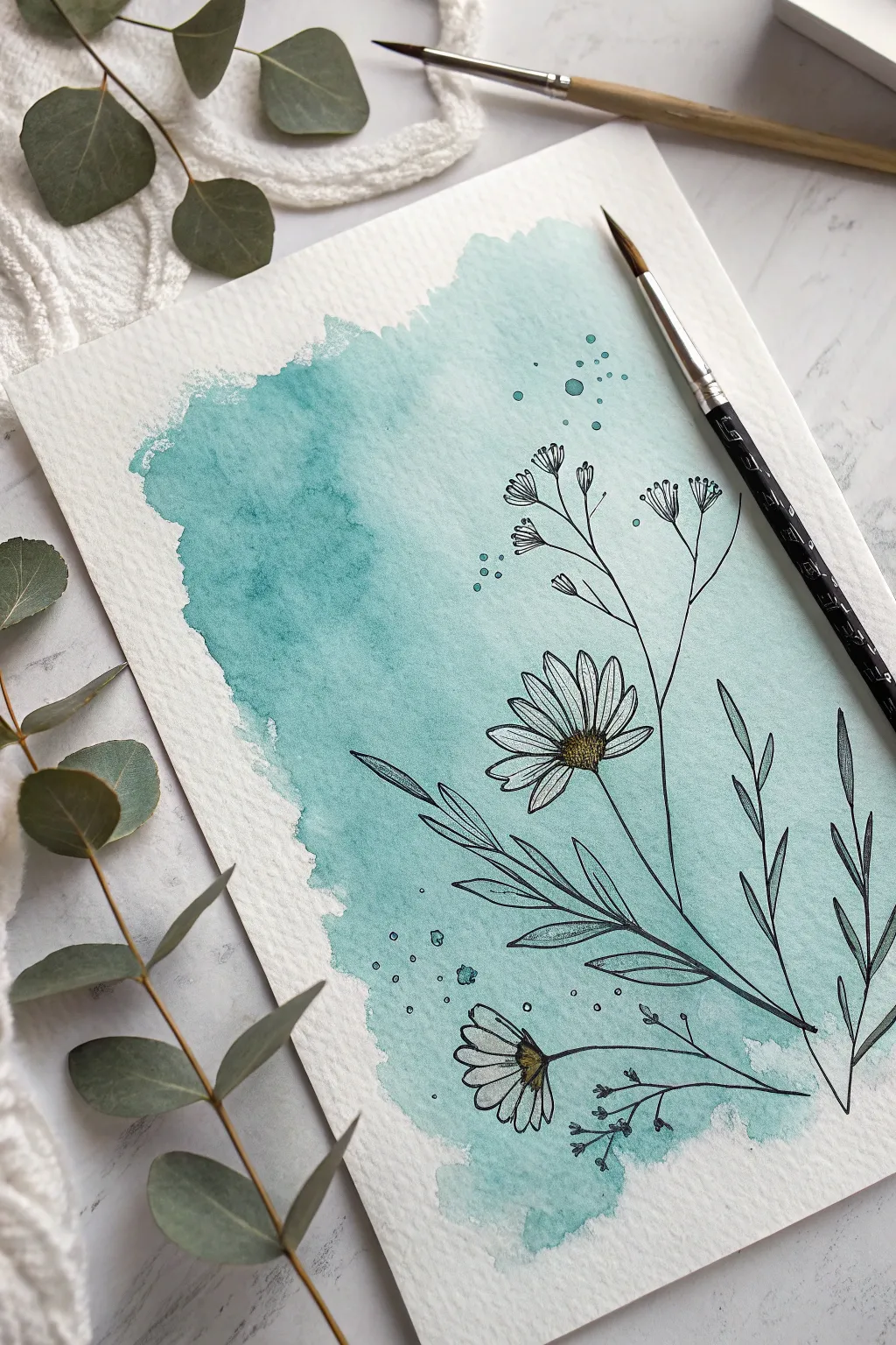Airy teal wash with crisp botanical line art for a calm Scandinavian-minimal painting idea