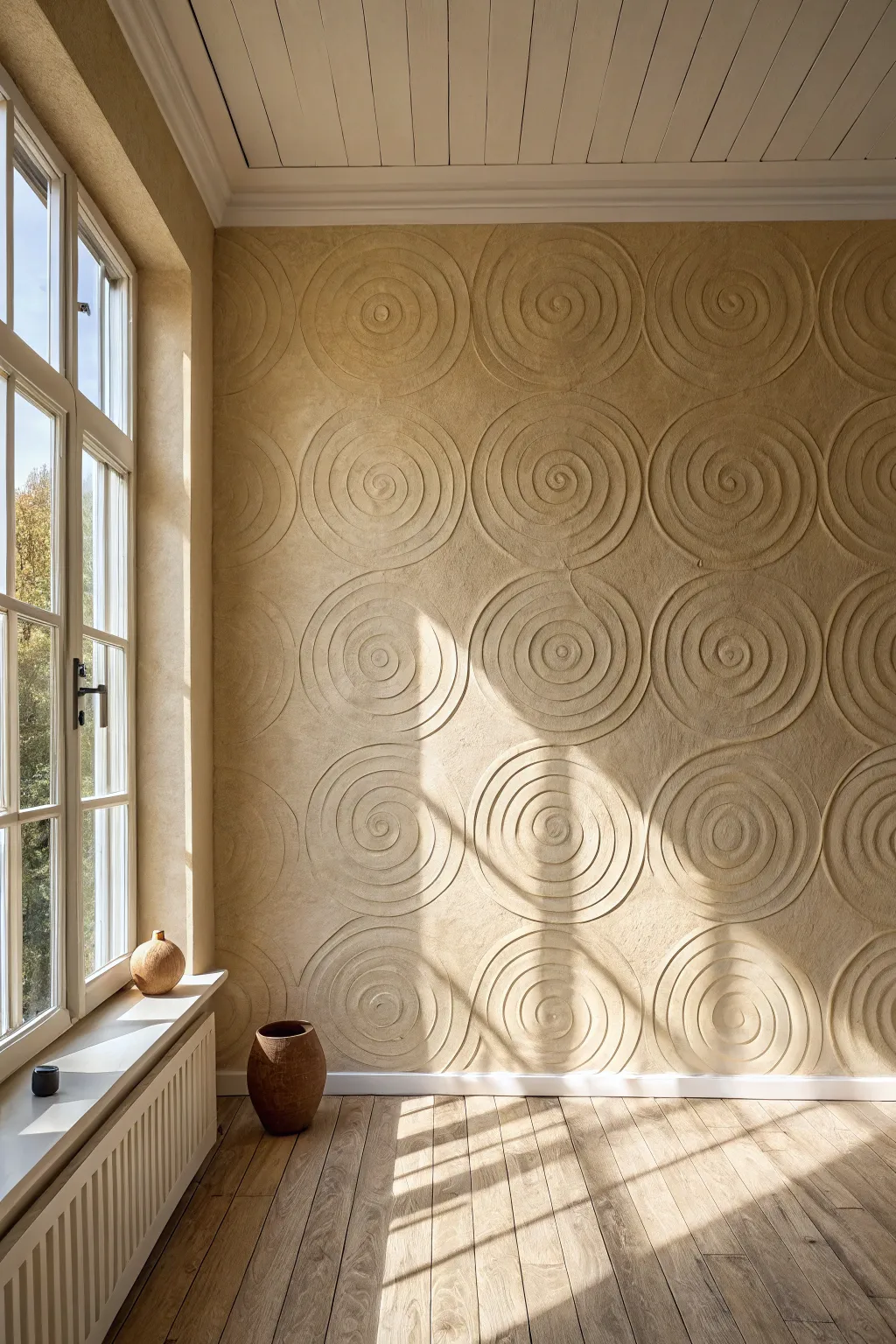 Soft troweled swirls in warm neutrals, lit by sunlight for a sculpted, serene feature wall.