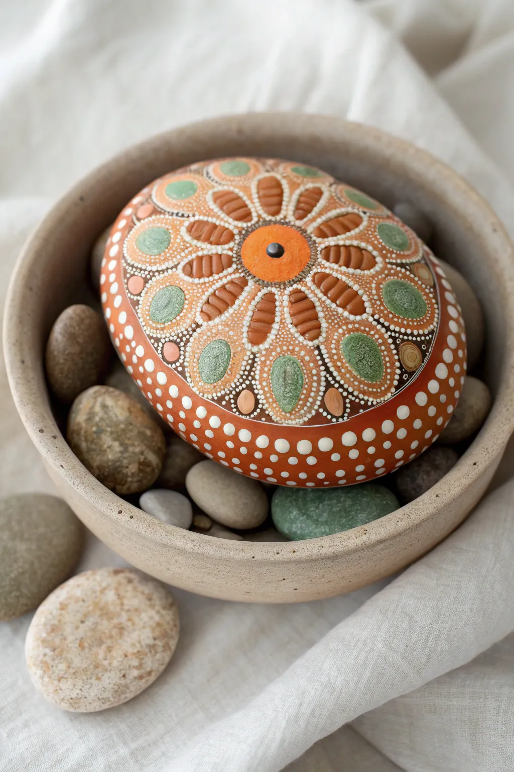Mandala pumpkin rock: a cozy Thanksgiving painted stone idea with minimalist Scandinavian charm