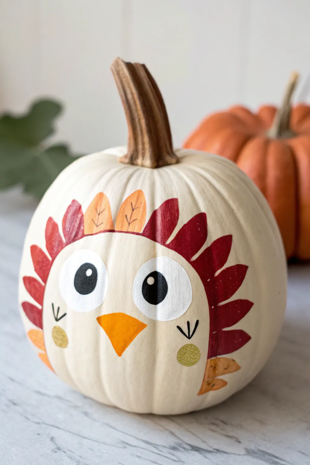 Whimsical turkey-face pumpkin with warm boho feathers, minimalist porch styling and cozy contrast