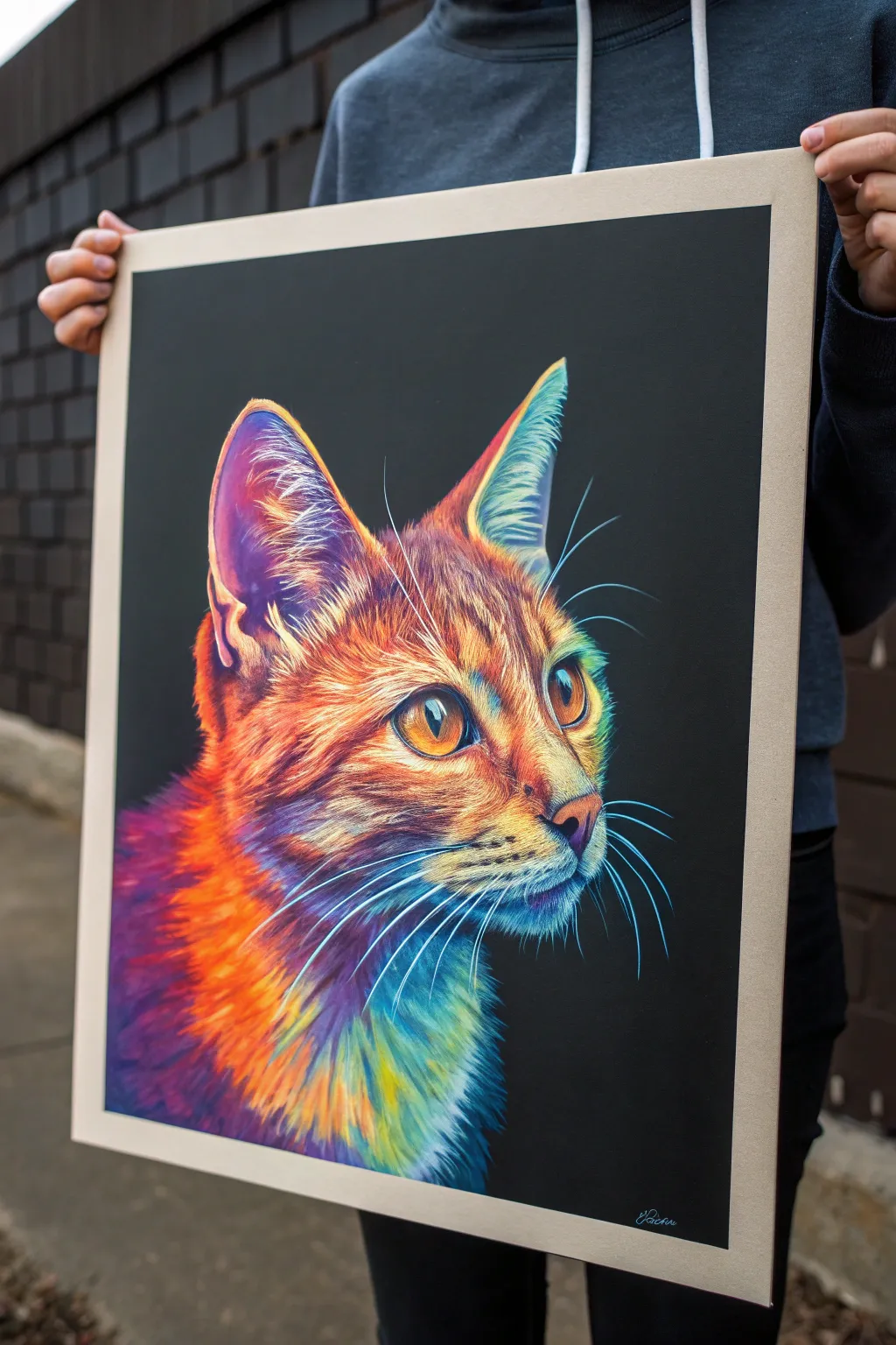 Paint a cozy thermal cat portrait with warm-to-cool gradients on a bold black background