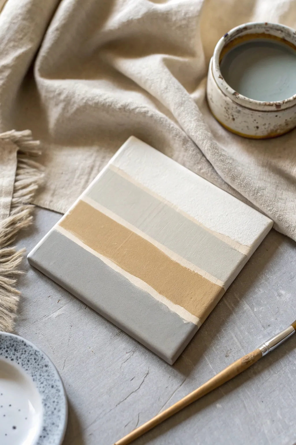Soft neutral layers and a simple border for an effortless minimalist tile painting look.