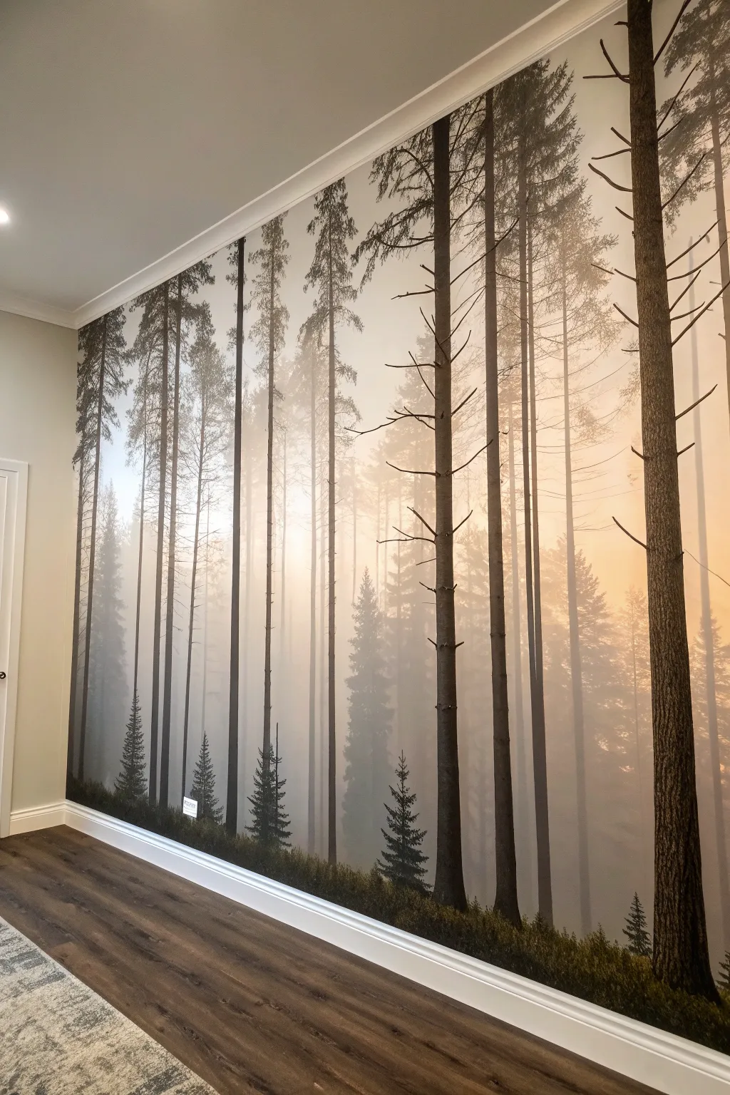 Layered trunks fade into mist for a minimalist forest mural that adds airy depth and distance.