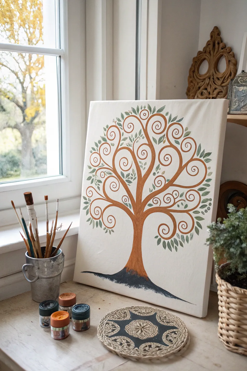 Abstract swirl-canopy Tree of Life: minimalist, boho warmth, handcrafted motion and calm contrast