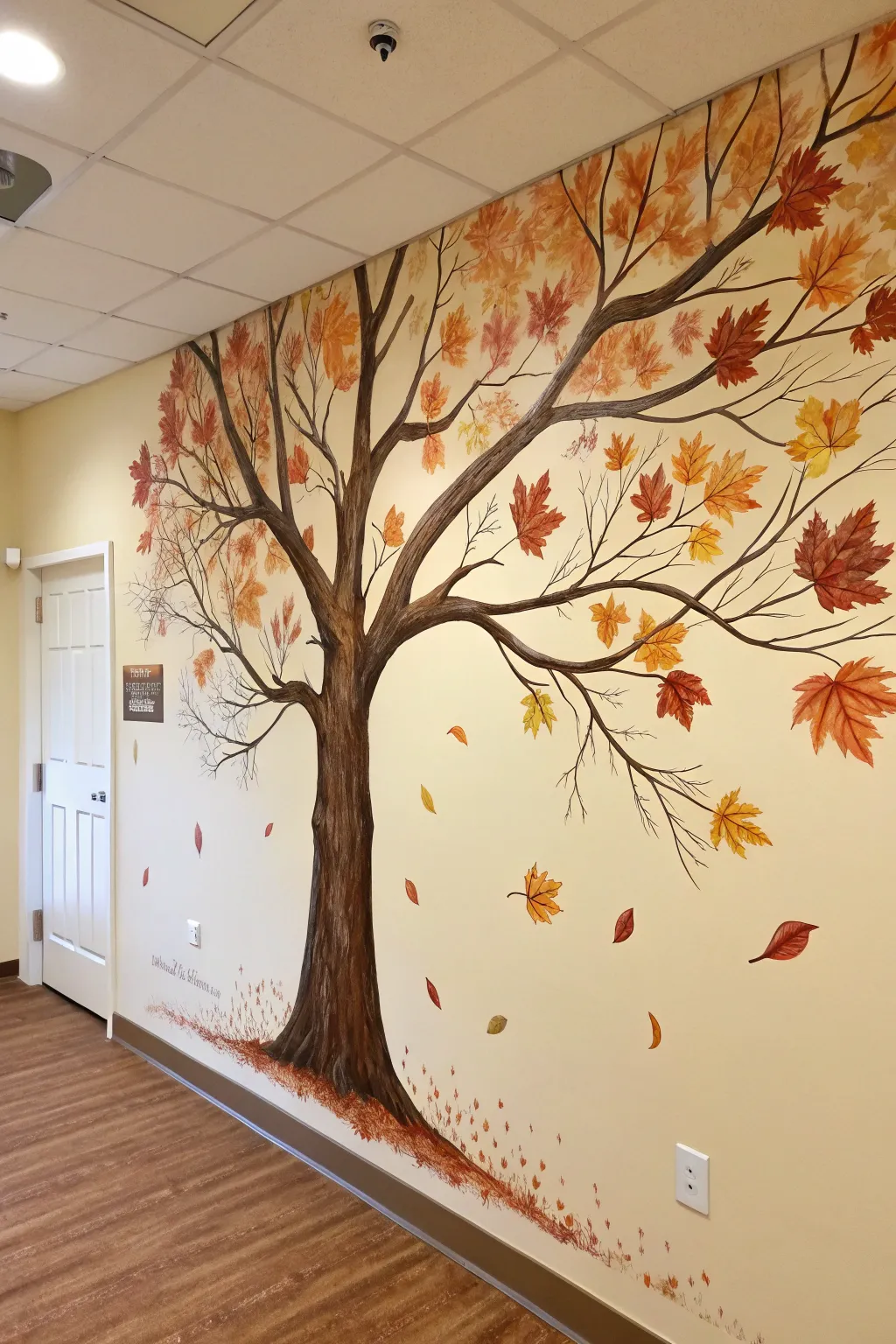 Warm autumn tree mural with swirling falling leaves for a cozy minimalist Scandinavian wall.