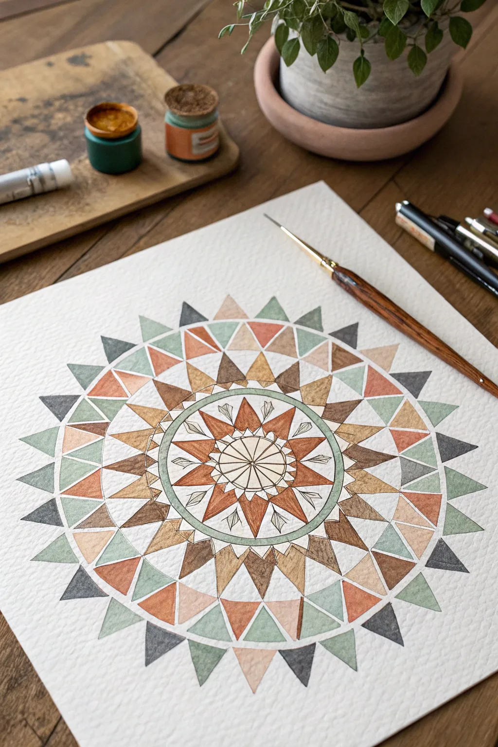 Minimal triangle mandala burst: Scandinavian calm with boho warmth in a crisp starburst