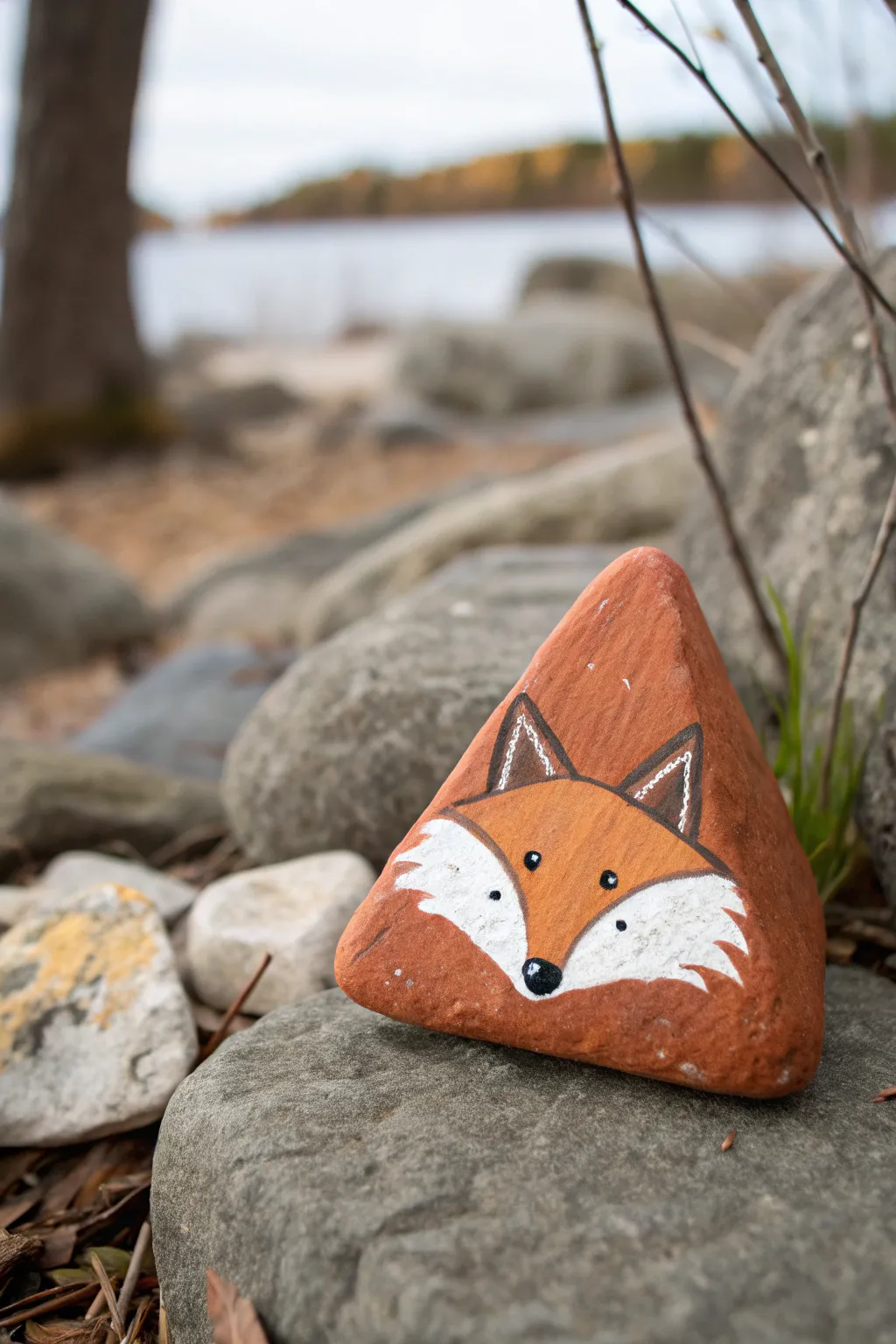 Minimal triangle rock fox face with warm woodland tones, crisp details, and calm boho vibes