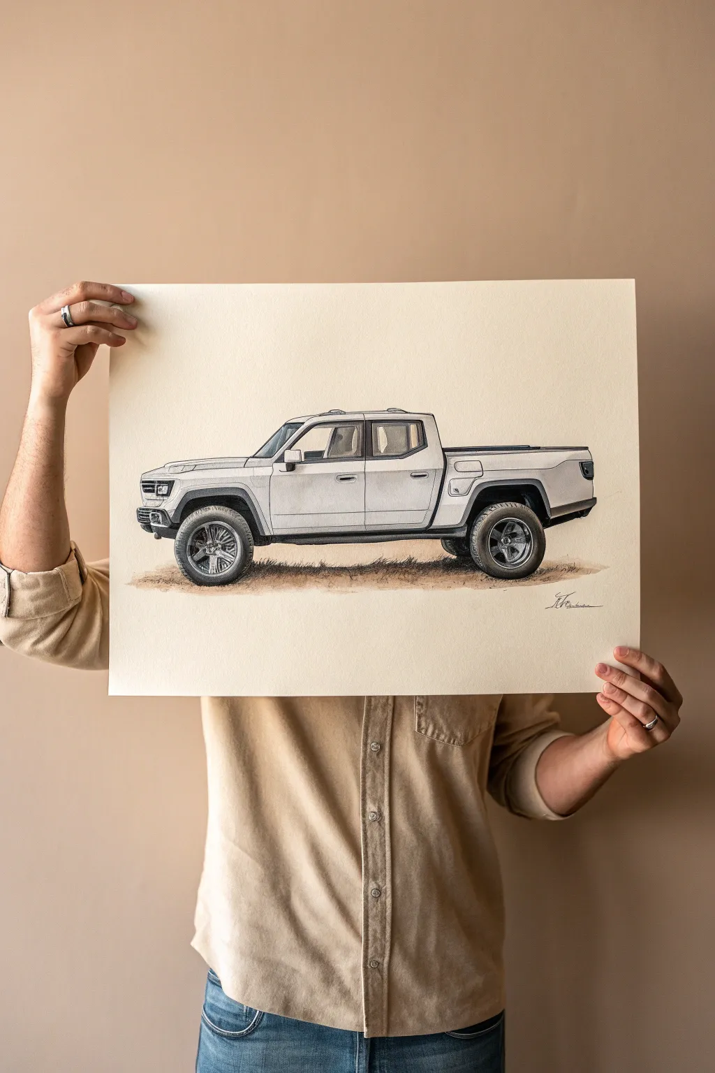 Modern boxy crew cab truck drawing with crisp lines, dark windows, minimalist boho calm.