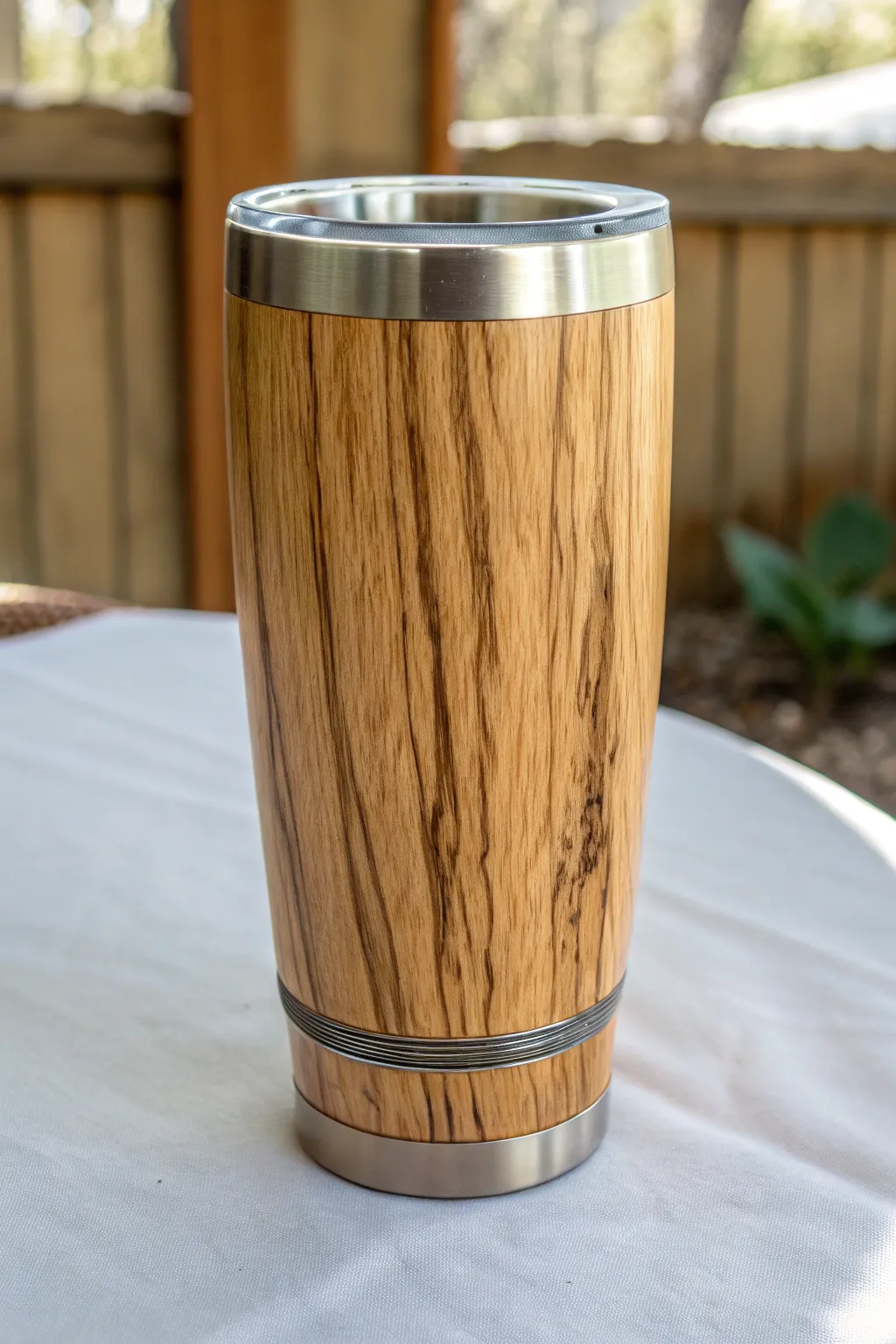 Woodgrain illusion tumbler painting with warm oak tones and bold grain lines, minimalist vibes.