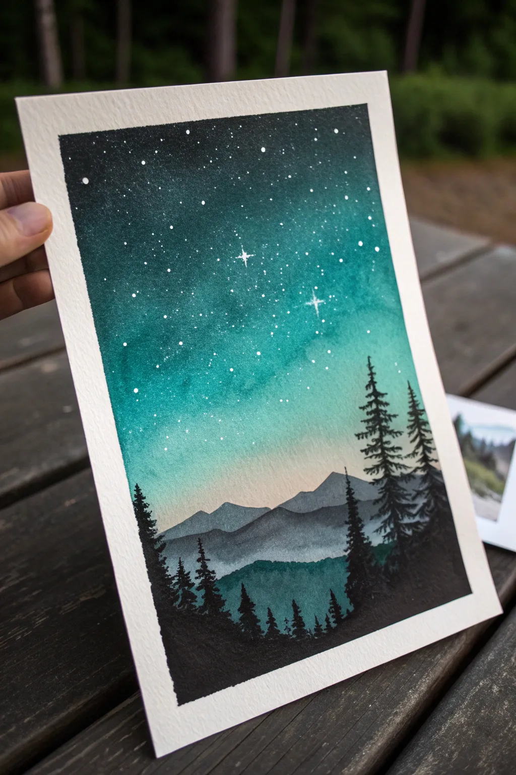 Moody turquoise night sky with bold silhouettes and tiny stars for a calm, dreamy painting idea