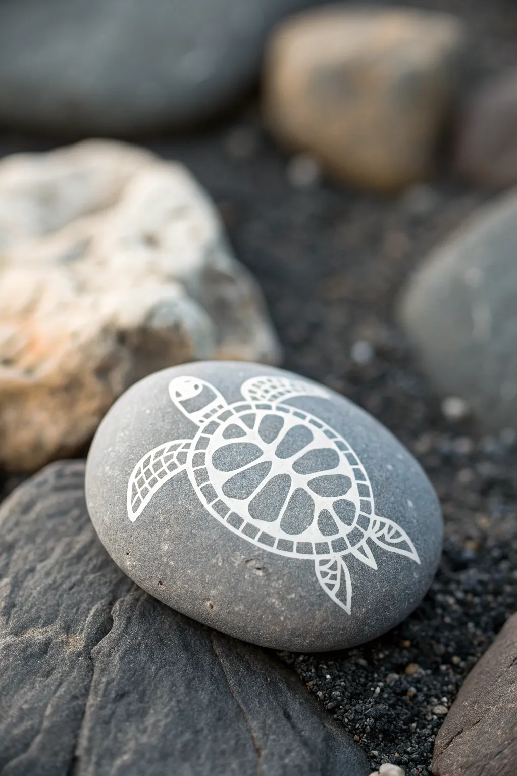 Minimal turtle silhouette on smooth stone, clean negative space for calm Scandinavian charm.
