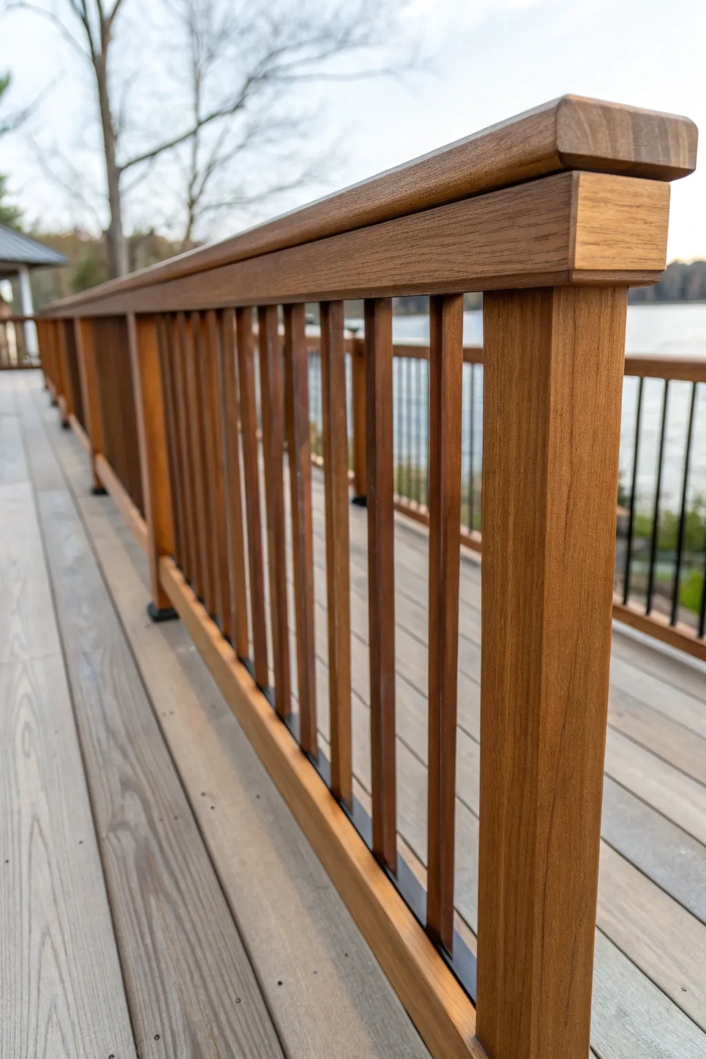 Two tone deck railing: top rail matches floor stain, balusters in soft contrast for depth.