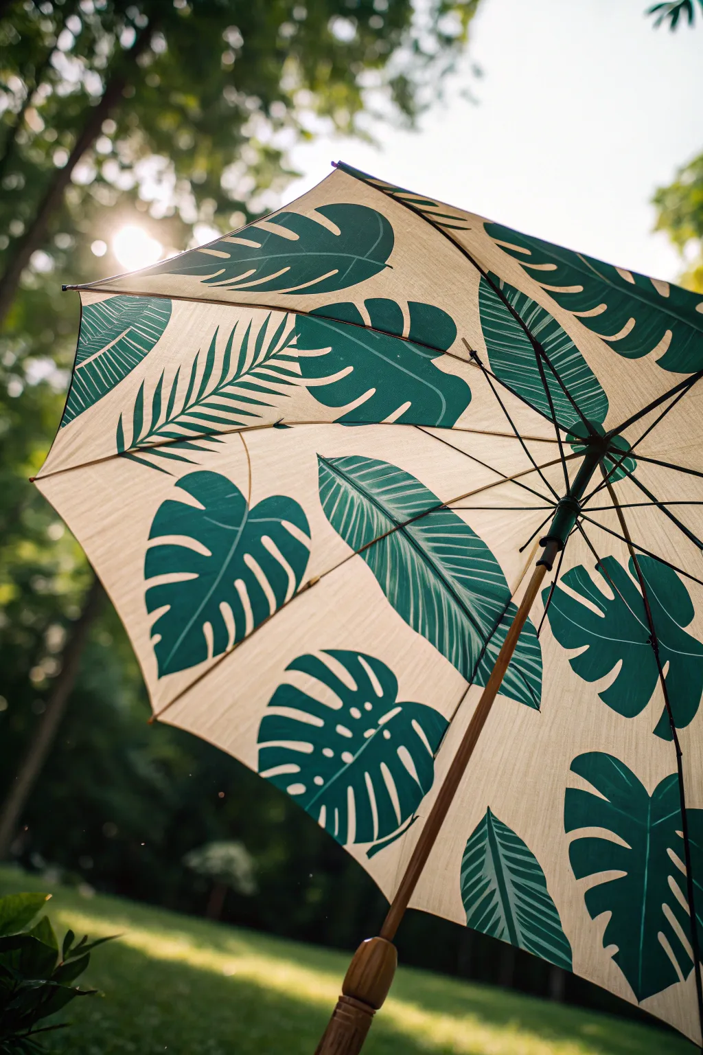 Bold tropical leaves on a vibrant umbrella, crisp shadows and soft green bokeh behind.