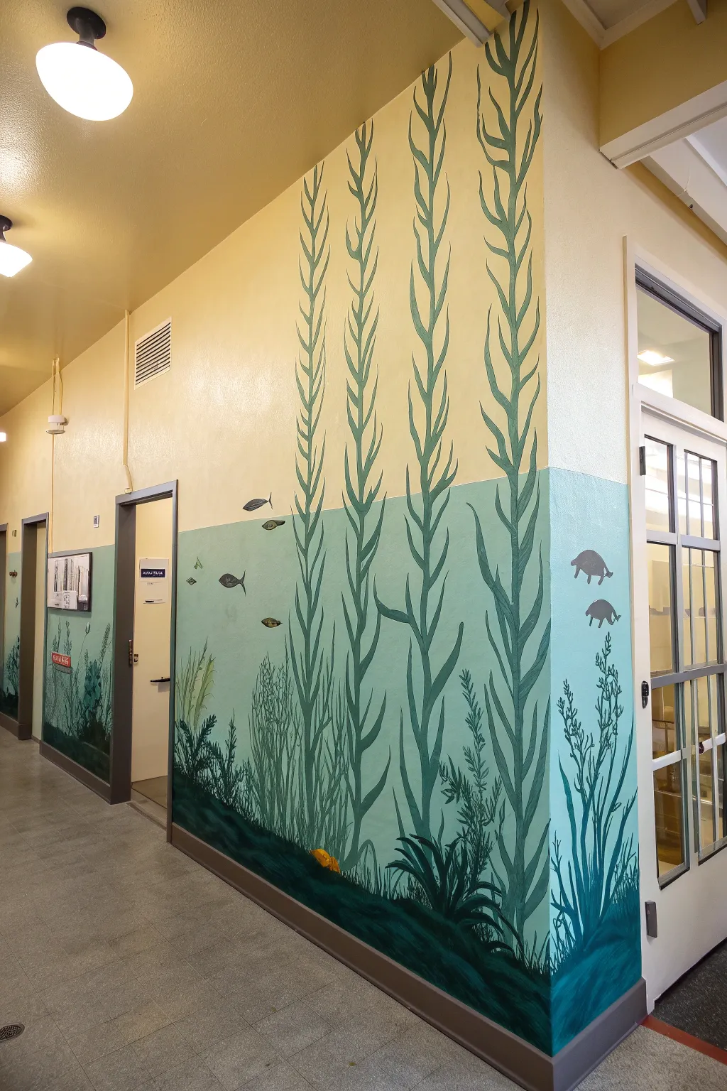 Vertical kelp forest mural flow in minimalist boho tones, with subtle fish for layered depth