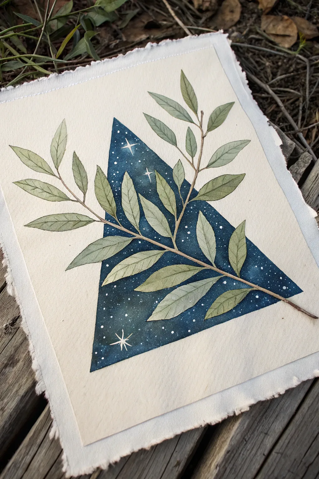 Botanical sketch sliced by a crisp geometric night sky window, a modern creative drawing idea