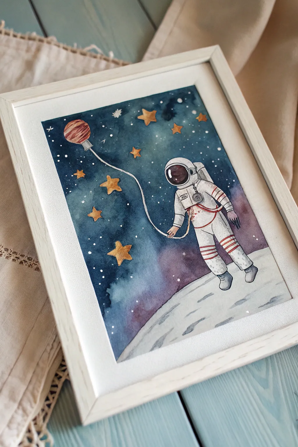 Paint a serene astronaut drifting through soft nebula clouds, bright helmet highlights against deep space.