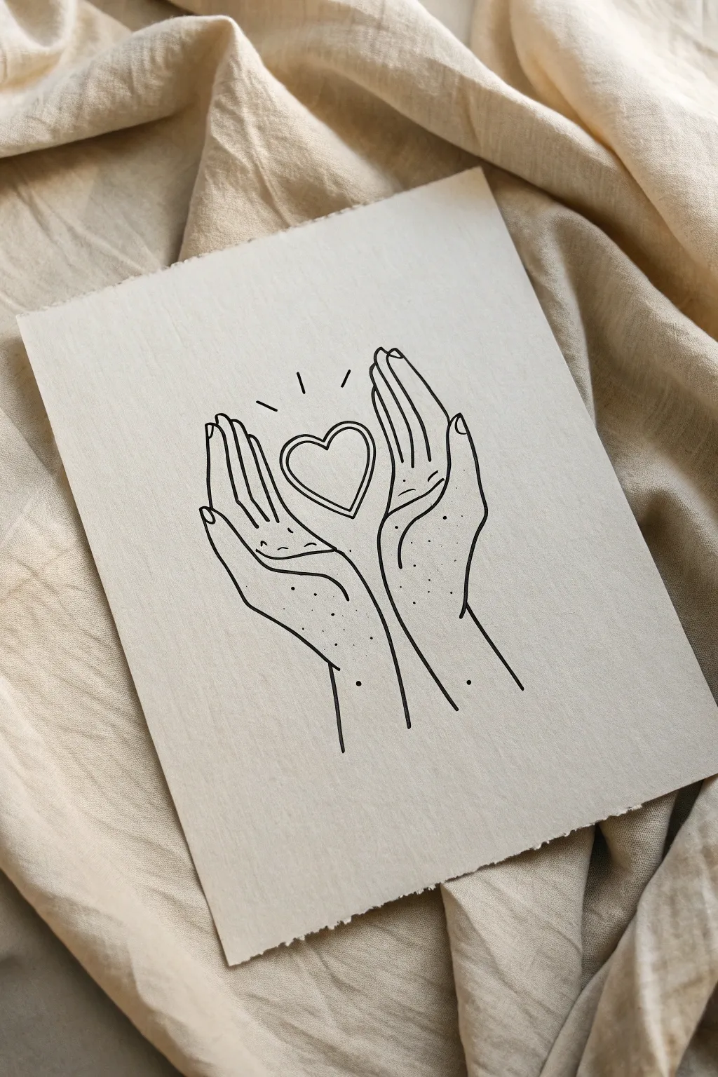 Minimalist Valentine sketch: two hands gently holding a heart, clean lines and soft shading.