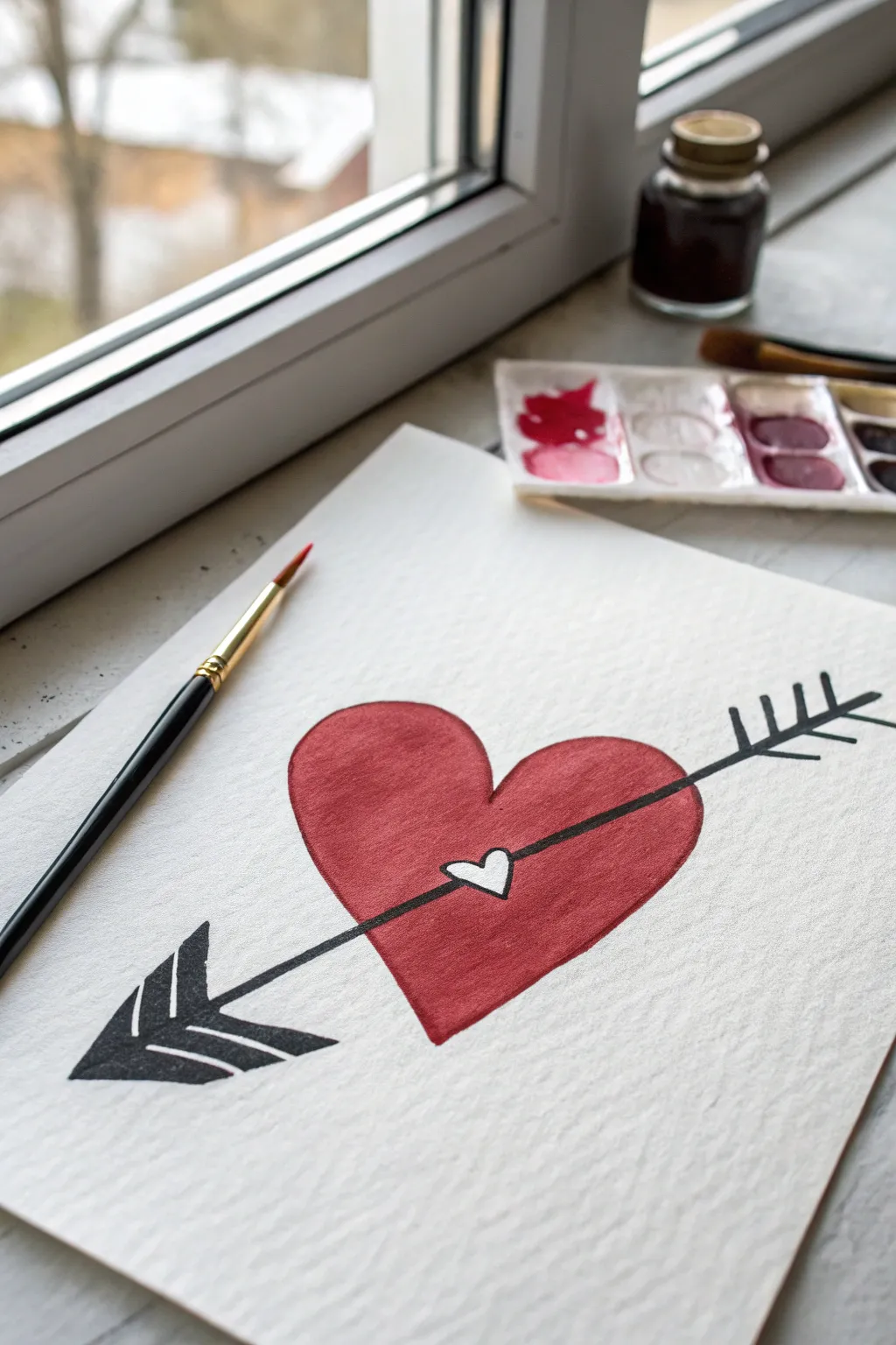 Bold Cupid arrow through a crimson heart, minimalist paint and sip idea with modern Valentine contrast.