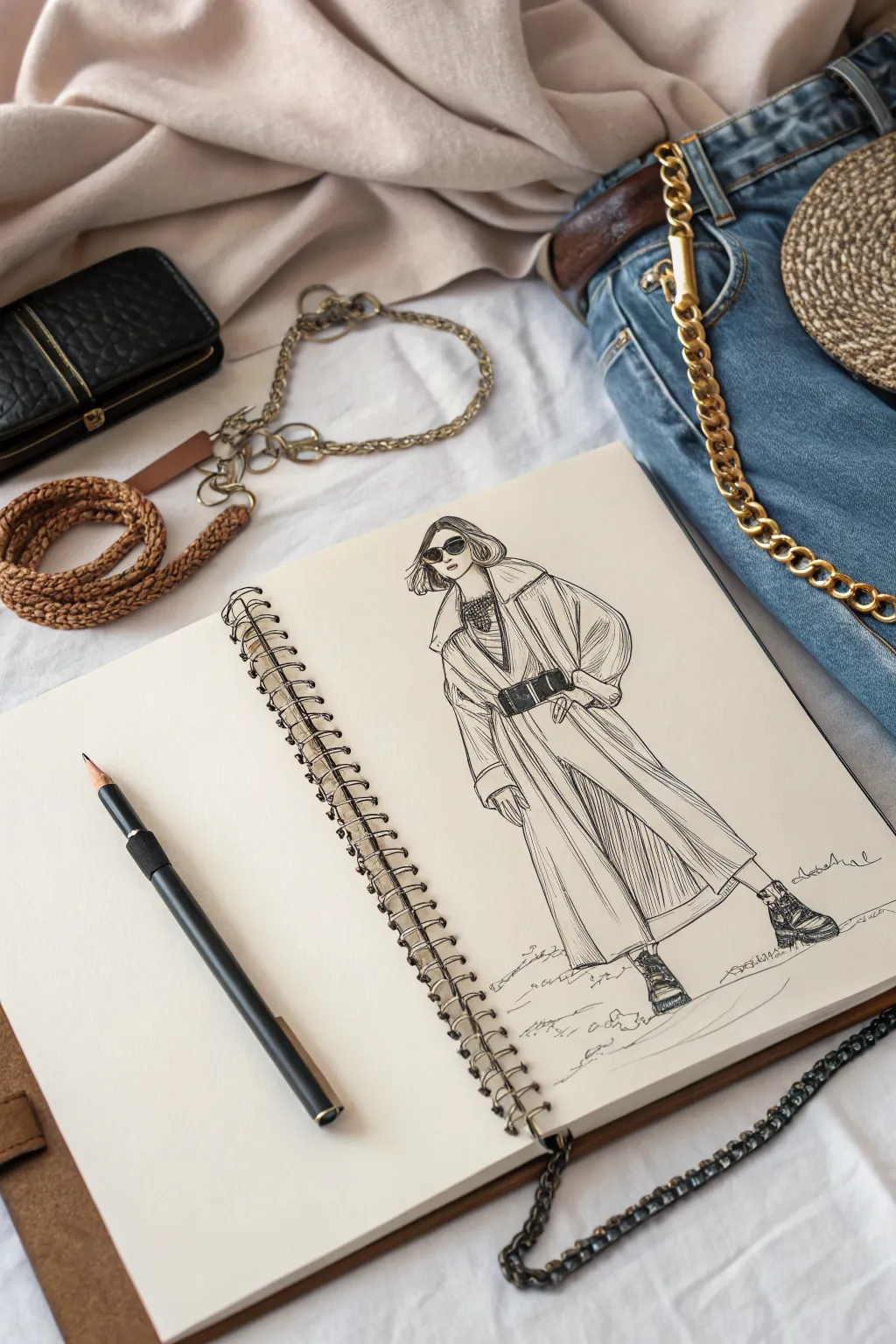 Bold villain look: layered belts, buckles and chain lines, paired with matte fabric swatches.