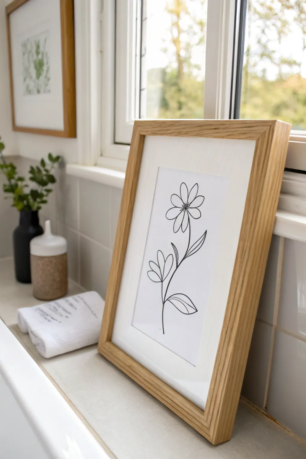 Crisp black line art in a slim frame keeps bathroom walls bright, calm, and uncluttered.