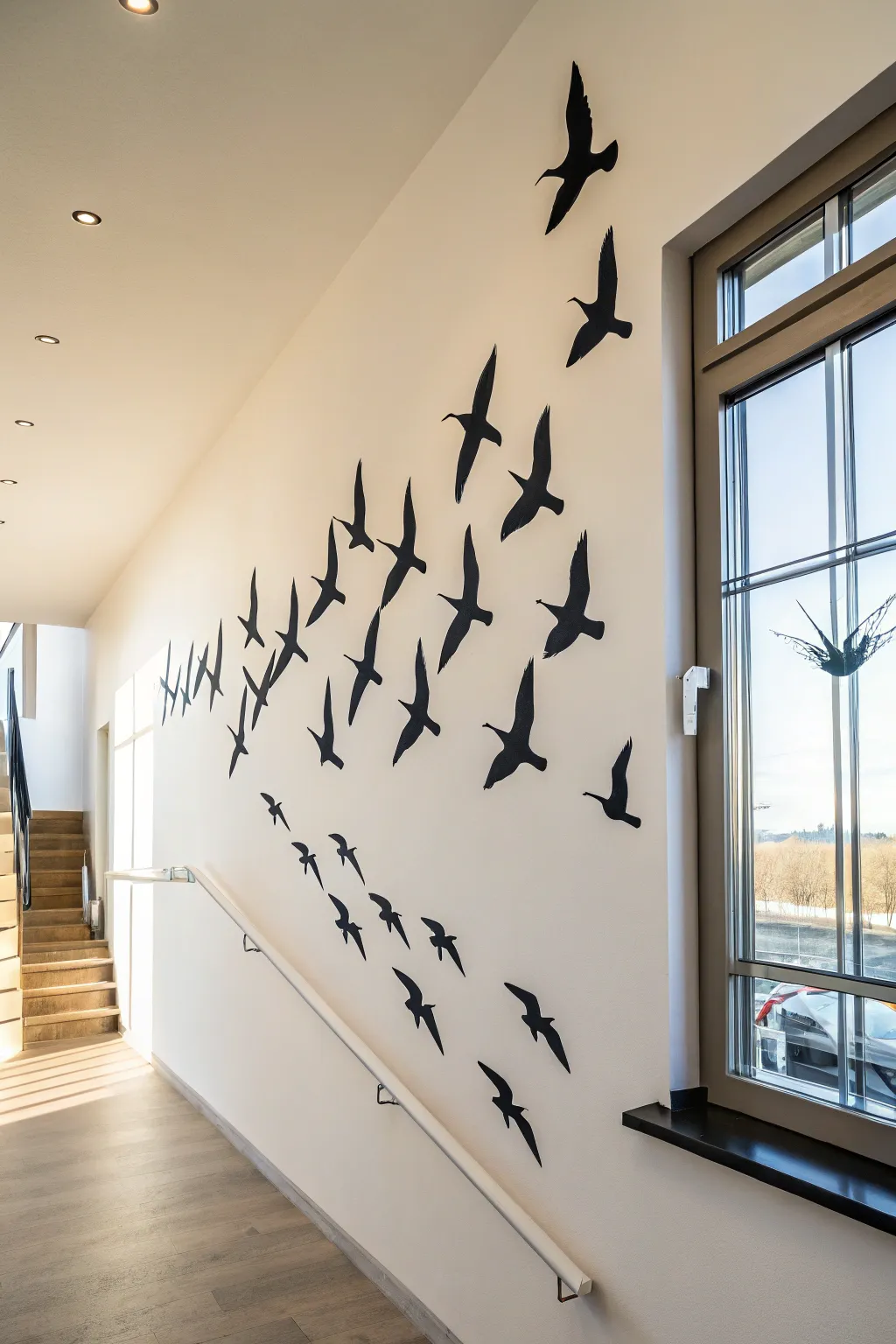 Matte black bird silhouette mural on a pale wall for instant drama in a minimalist home.