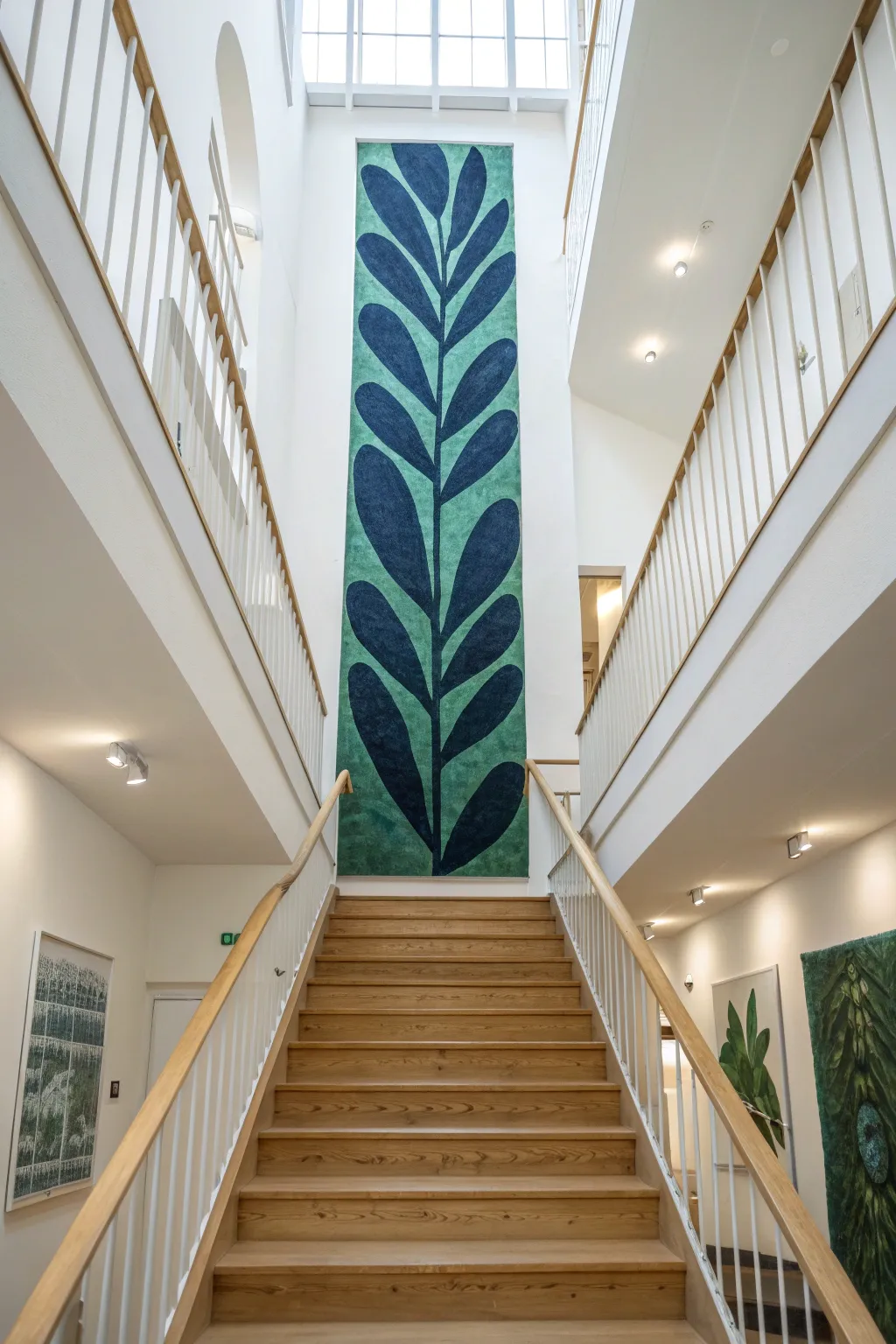 Transform your stairwell into a statement gallery with this bold abstract mural in deep jewel tones.