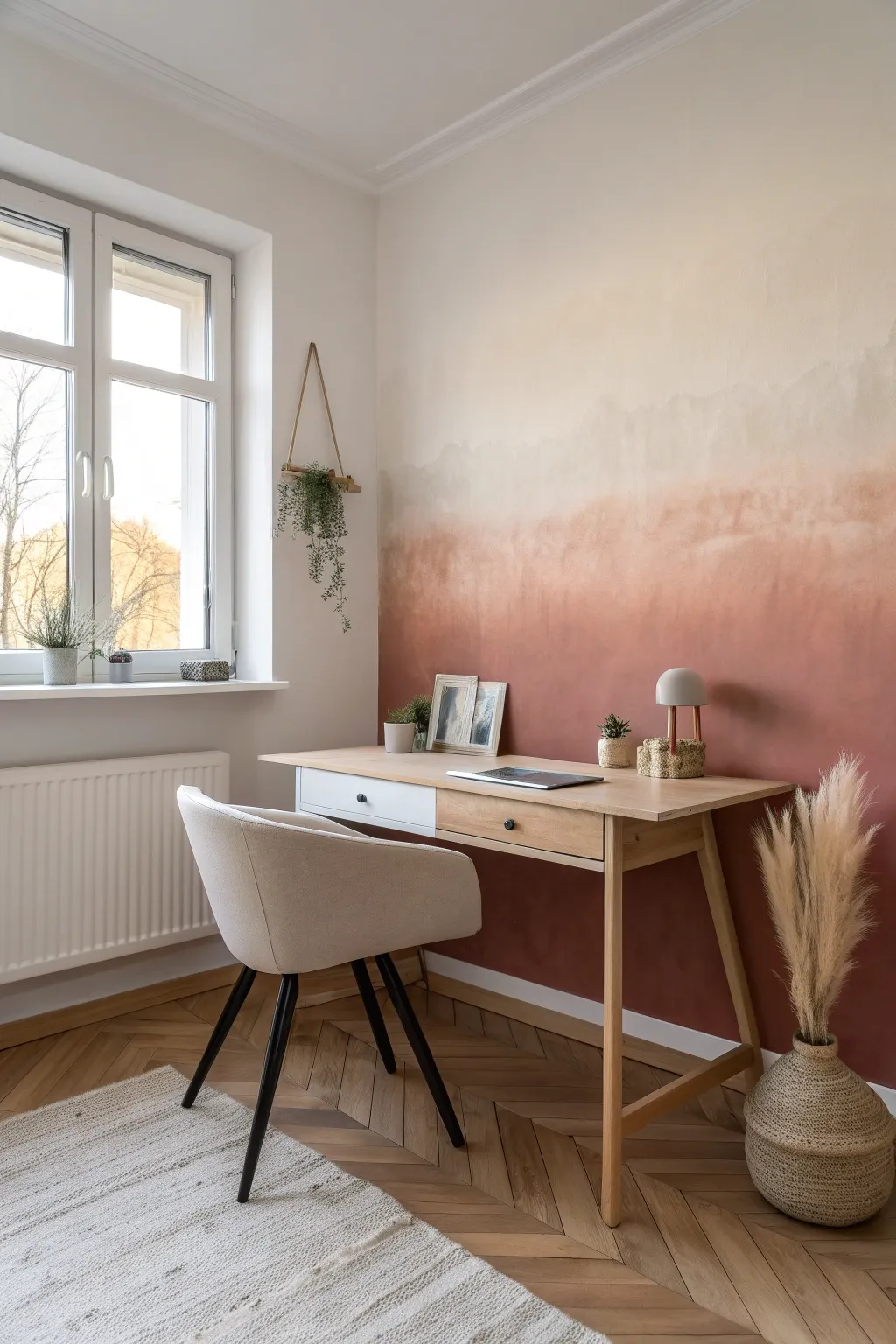 Soft tonal ombré mural behind a minimalist desk creates calm depth in a Scandinavian corner