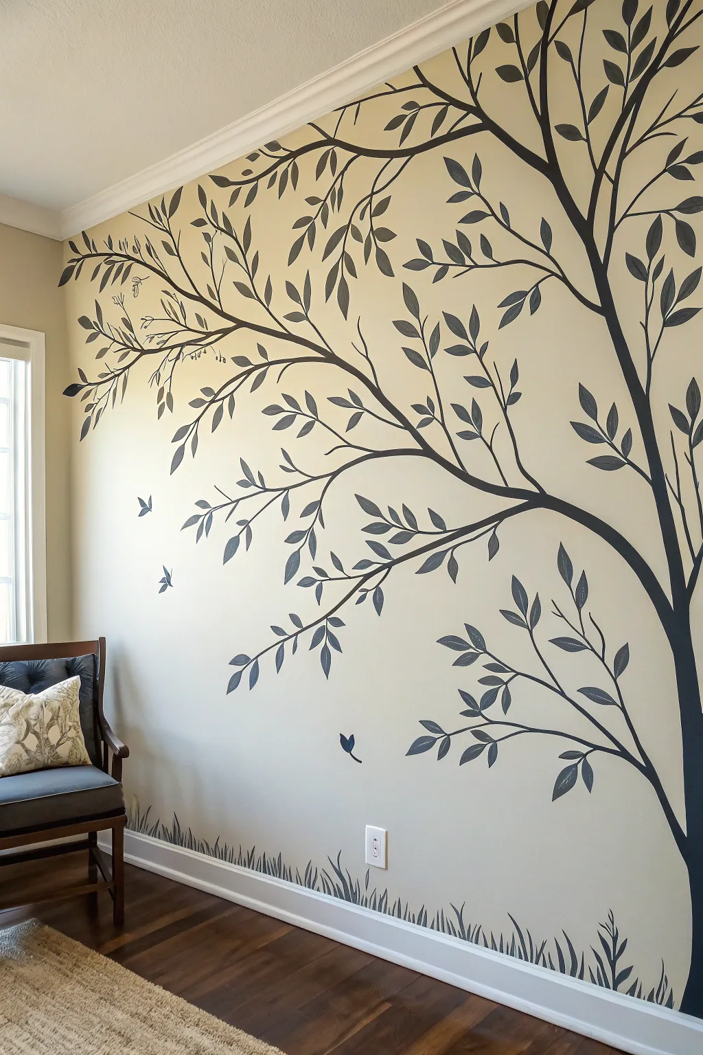 Minimal branch silhouette mural in charcoal on creamy wall, anchoring a cozy Scandinavian nook.