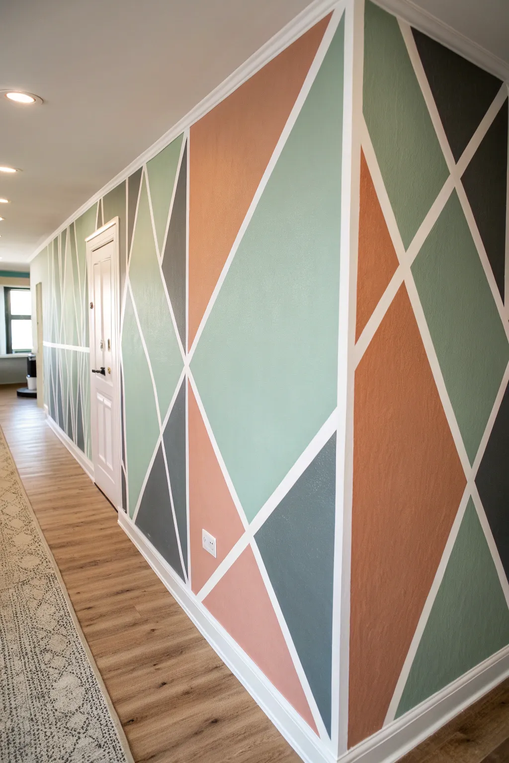Crisp taped triangles in muted boho hues make a minimalist wall feel bold and fresh.