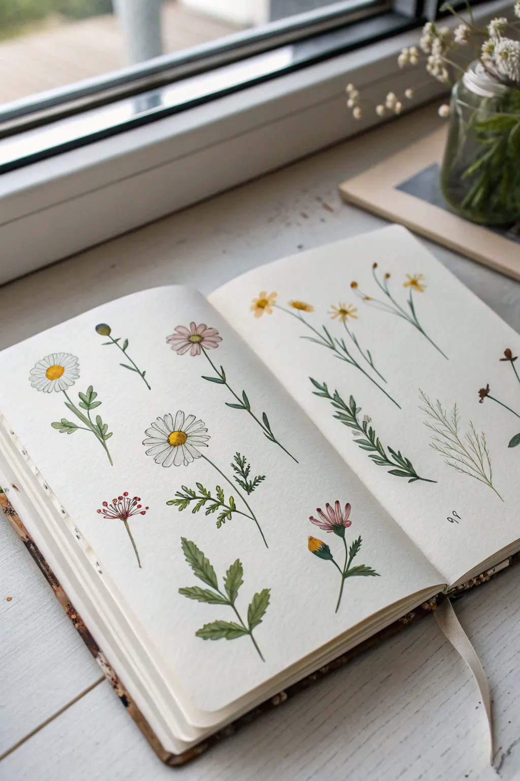 Wildflower meadow mini studies in watercolor, simple Scandinavian sketchbook inspiration.