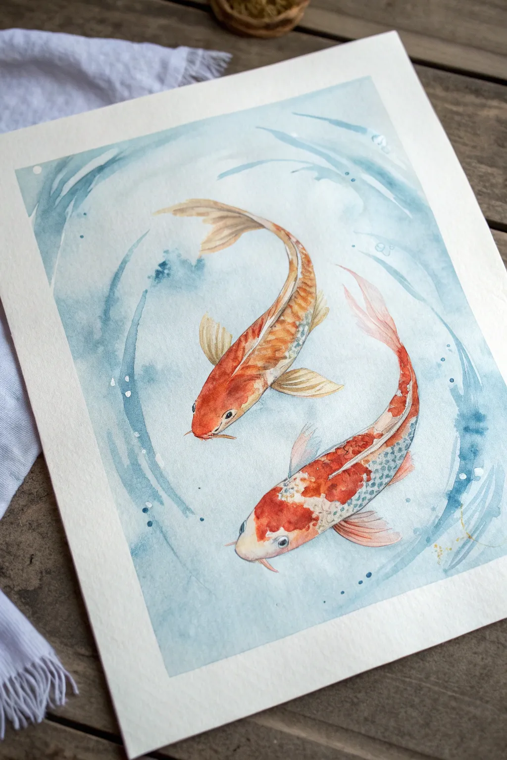 Two koi glide through pale blue washes, a minimalist watercolor idea full of gentle motion.