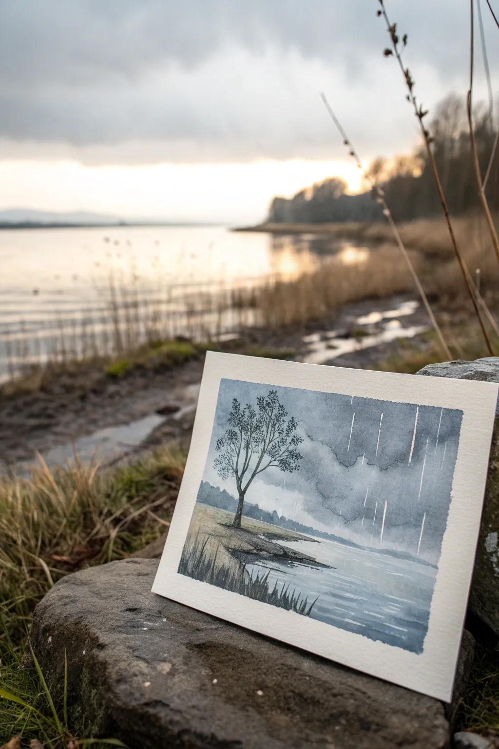 Moody gray-blue rainy watercolor landscape with soft edges, rain streaks, and wet reflections