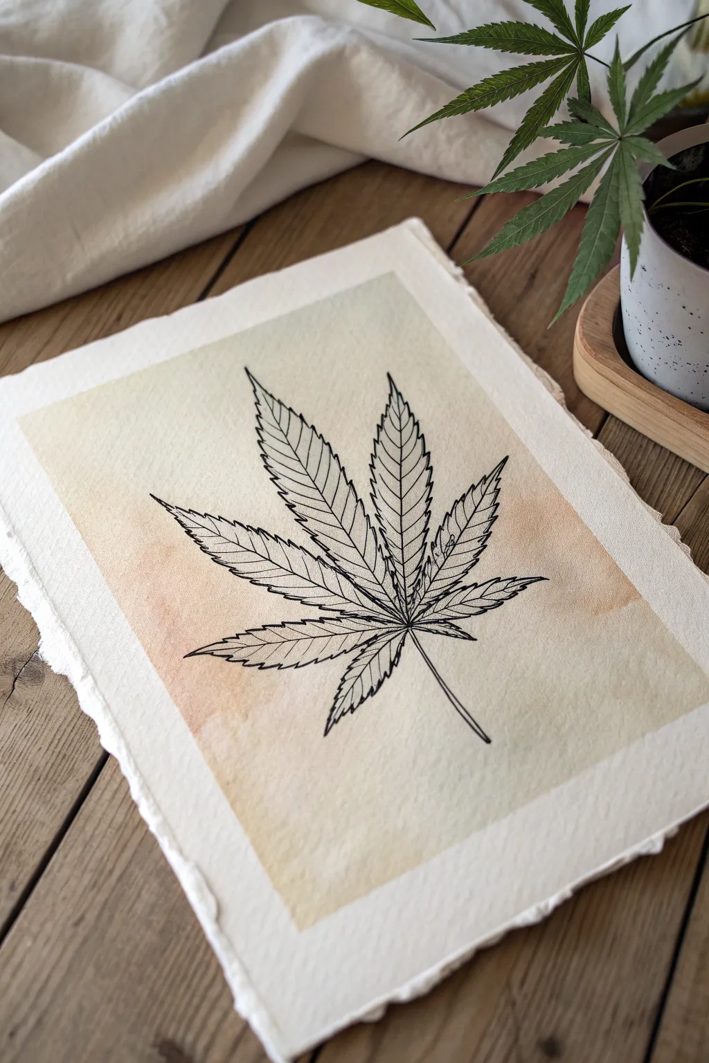 Minimal continuous-line weed leaf over a soft neutral wash for calm Scandinavian boho vibes.