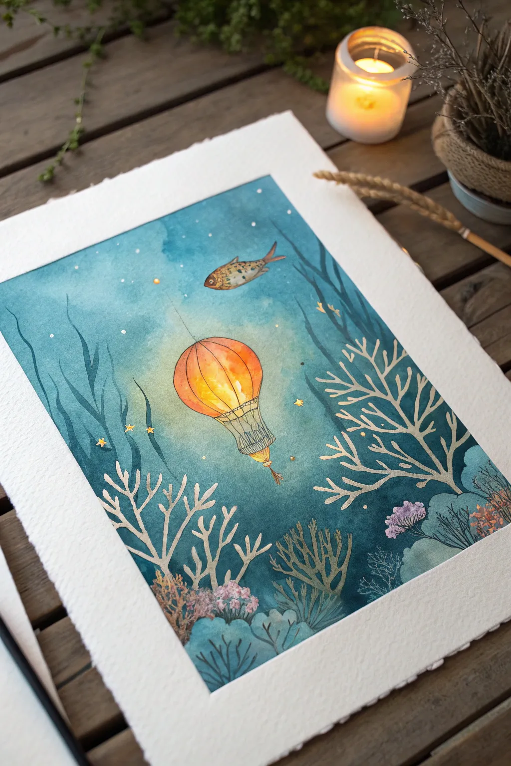 Paint a glowing lantern fish drifting through a floral coral garden in calm blue-green light.