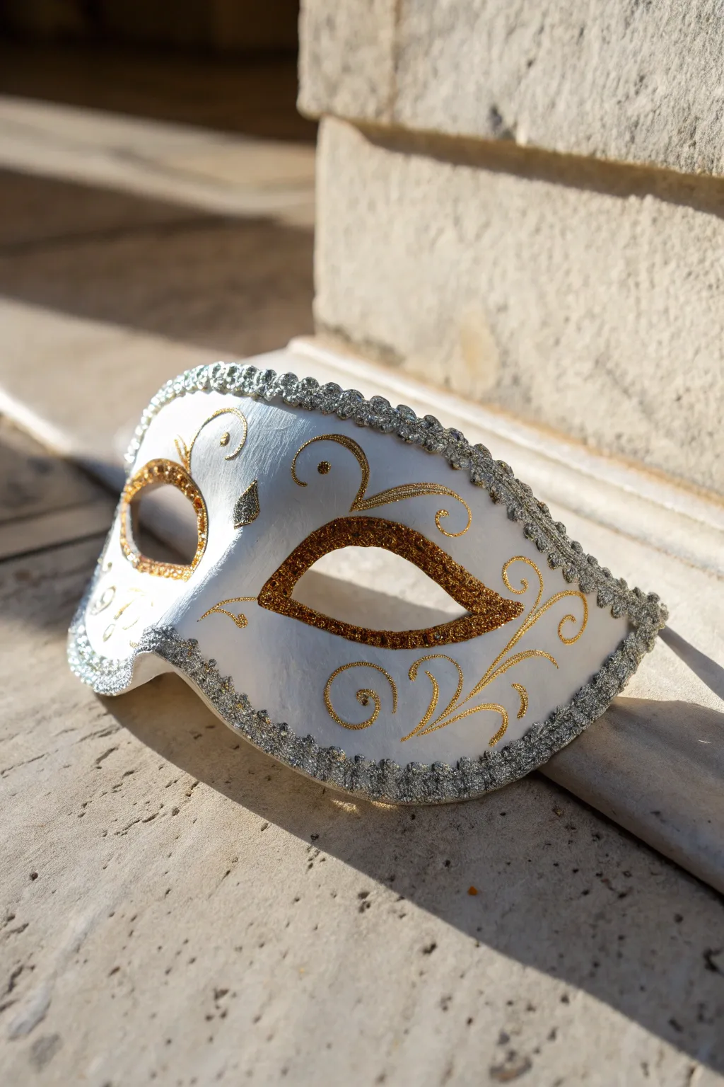 Glitter-edged white masquerade mask with metallic accents, shimmering in soft Nordic light