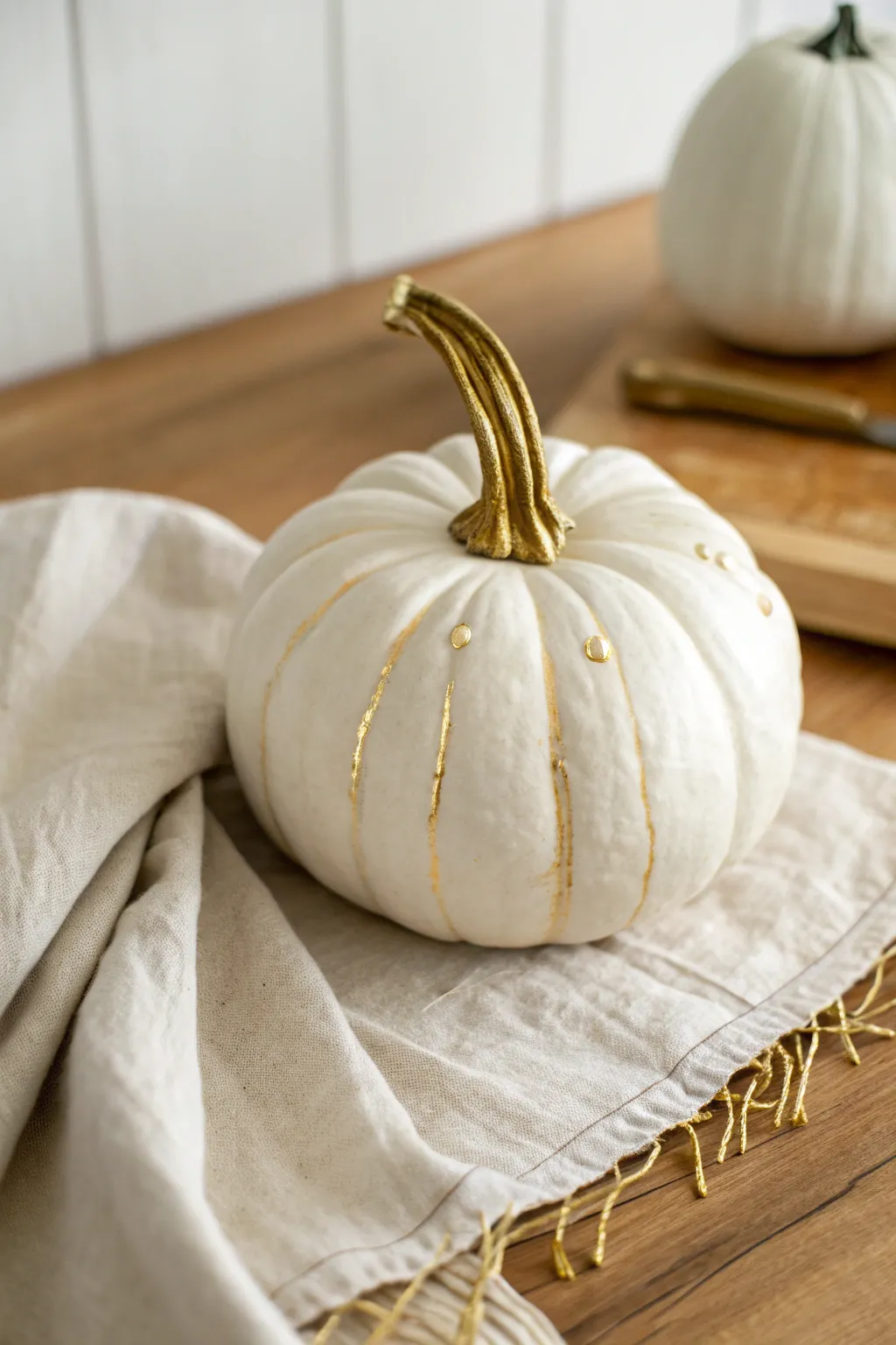 Minimal white pumpkin with gold stem and delicate drips for an elegant Scandinavian fall look