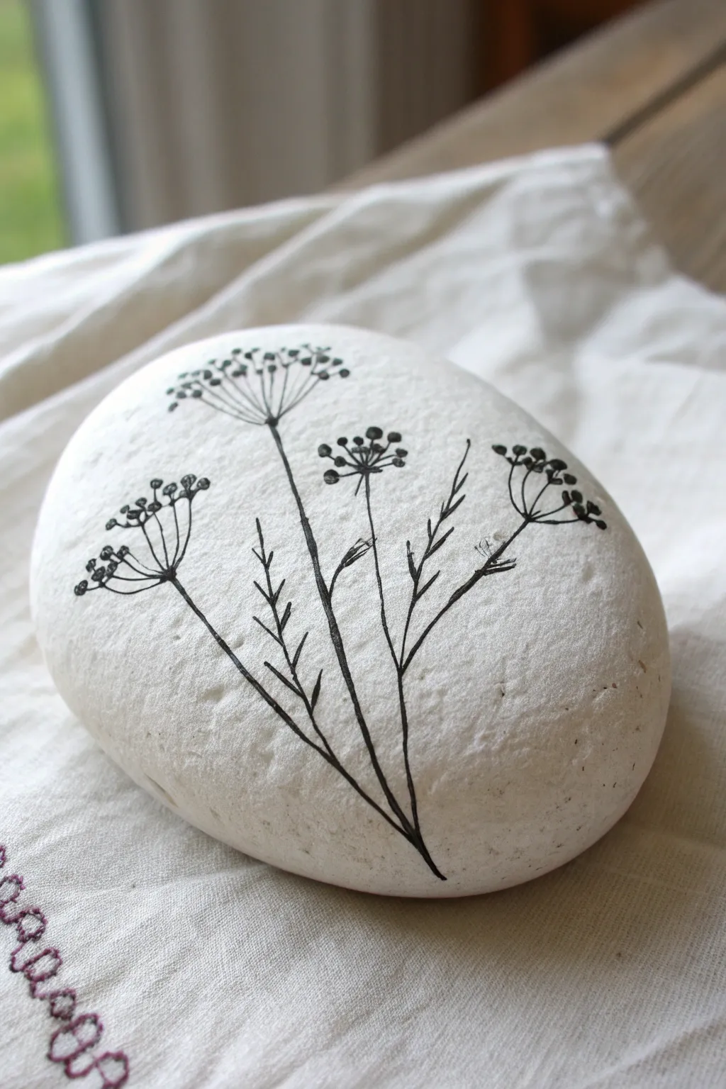 Airy wildflower line art on a white rock, minimalist Scandinavian style with a soft boho touch