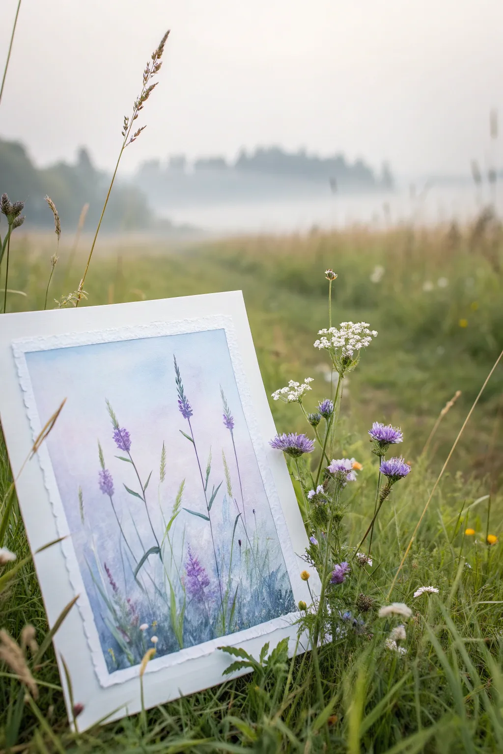 Cool pastel misty meadow watercolor with lavender and dusty blue wildflowers, calm and airy